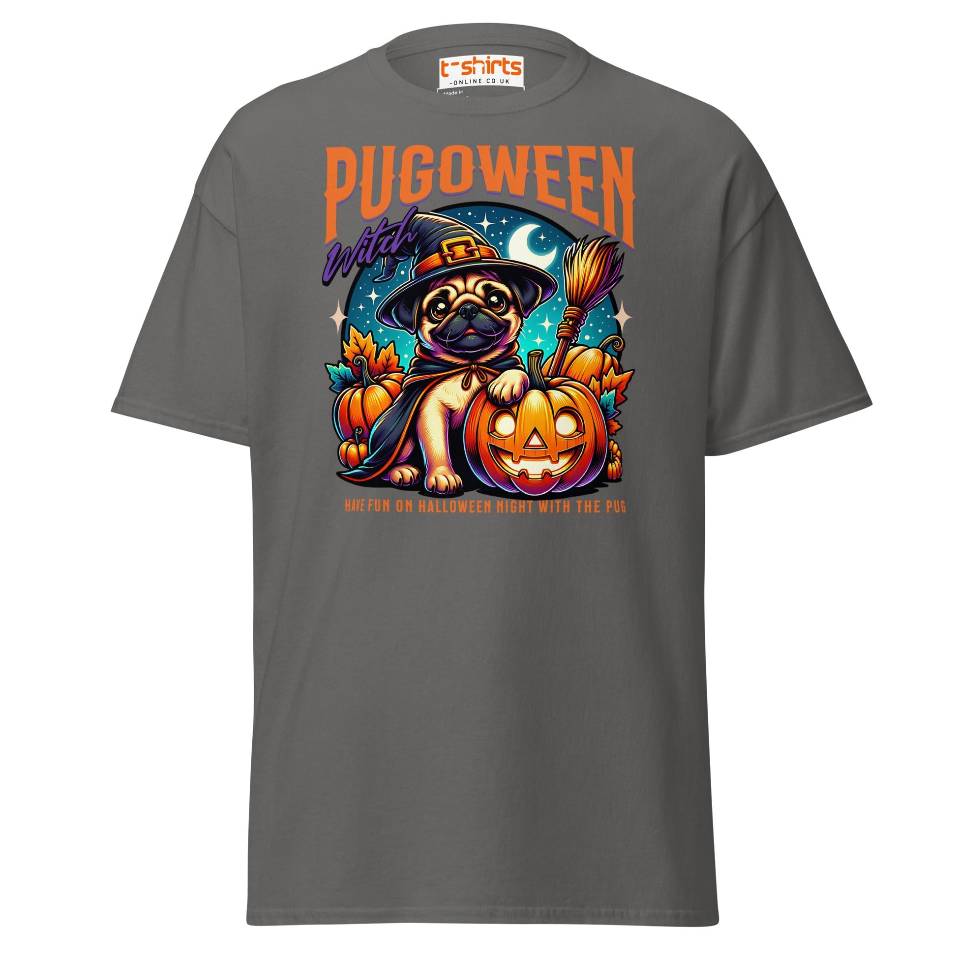 Pugoween Witch Halloween Pug T-Shirt - Charcoal - T-Shirts Online