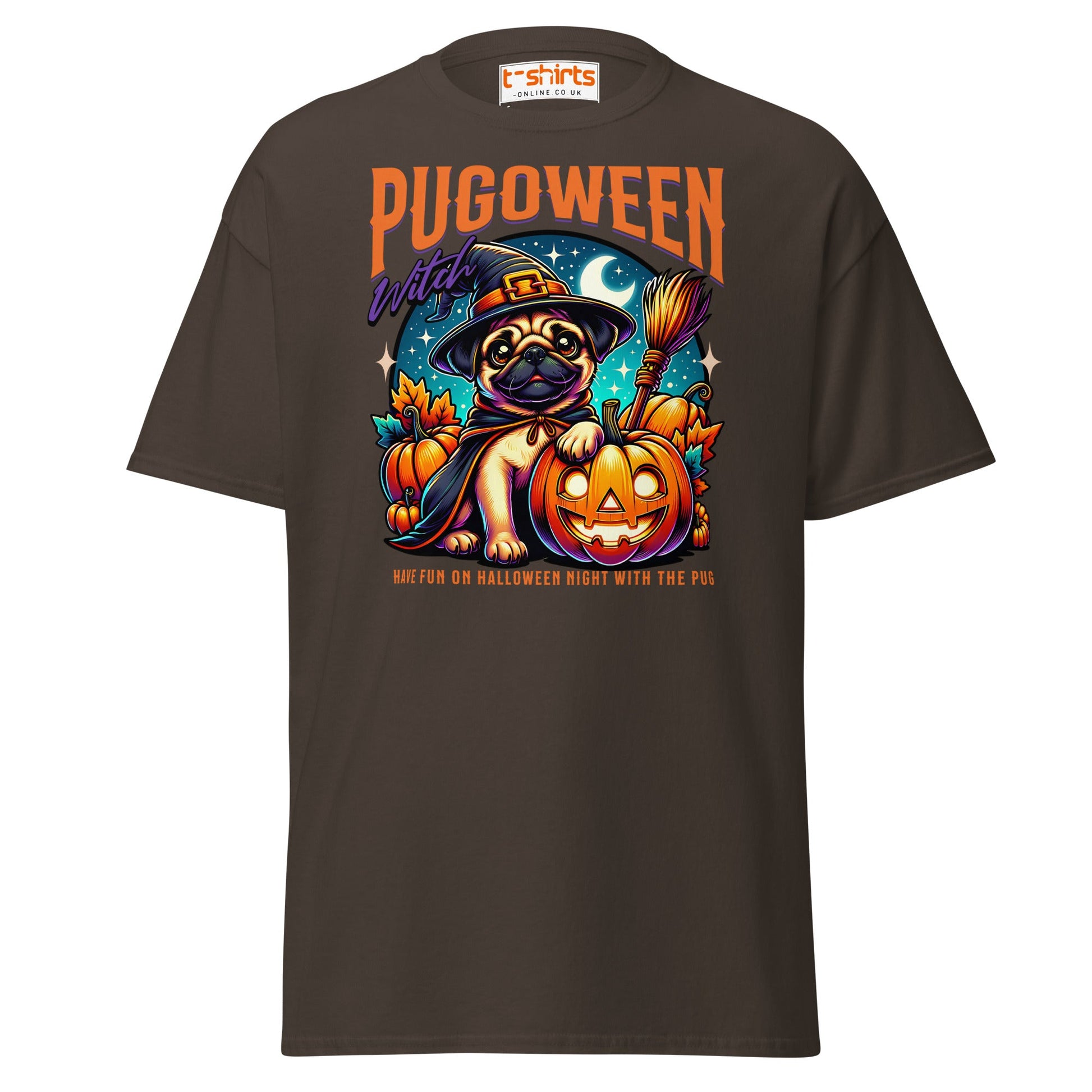 Pugoween Witch Halloween Pug T-Shirt - Dark Chocolate - T-Shirts Online