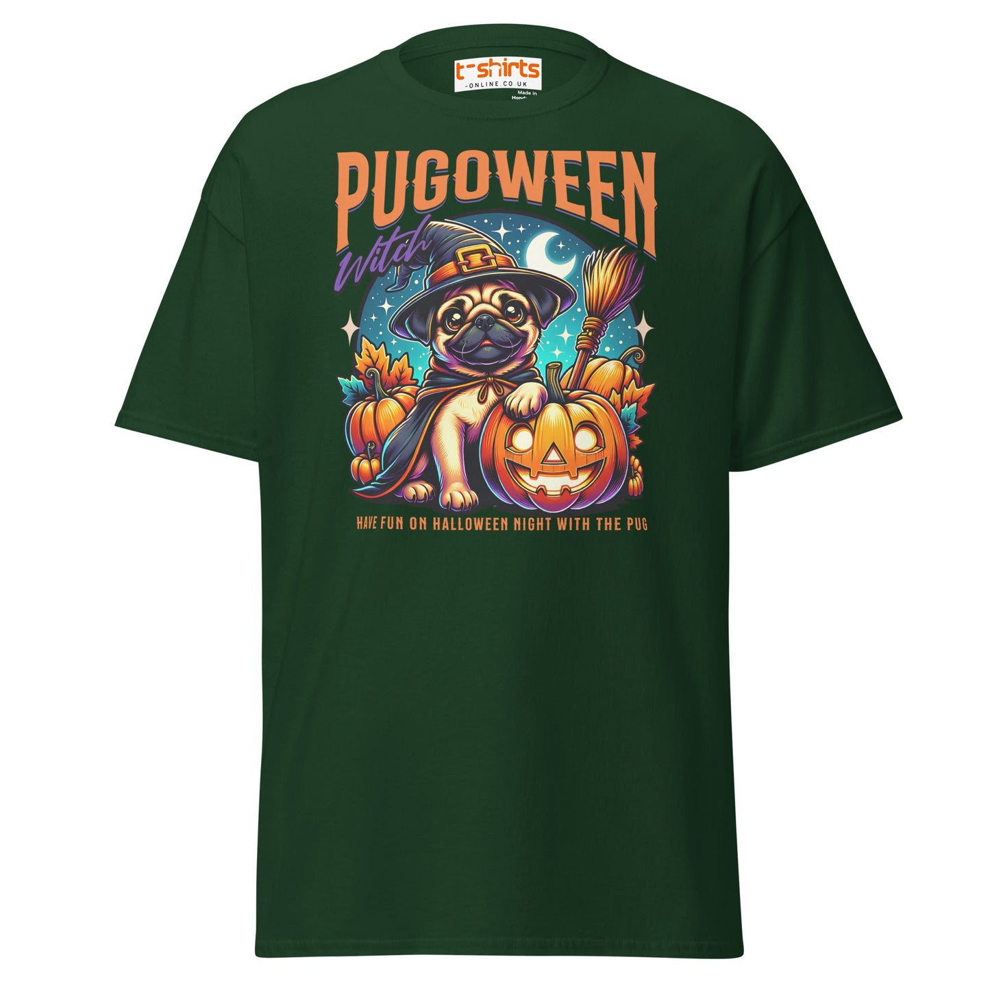 Pugoween Witch Halloween Pug T-Shirt - Forest Green - T-Shirts Online
