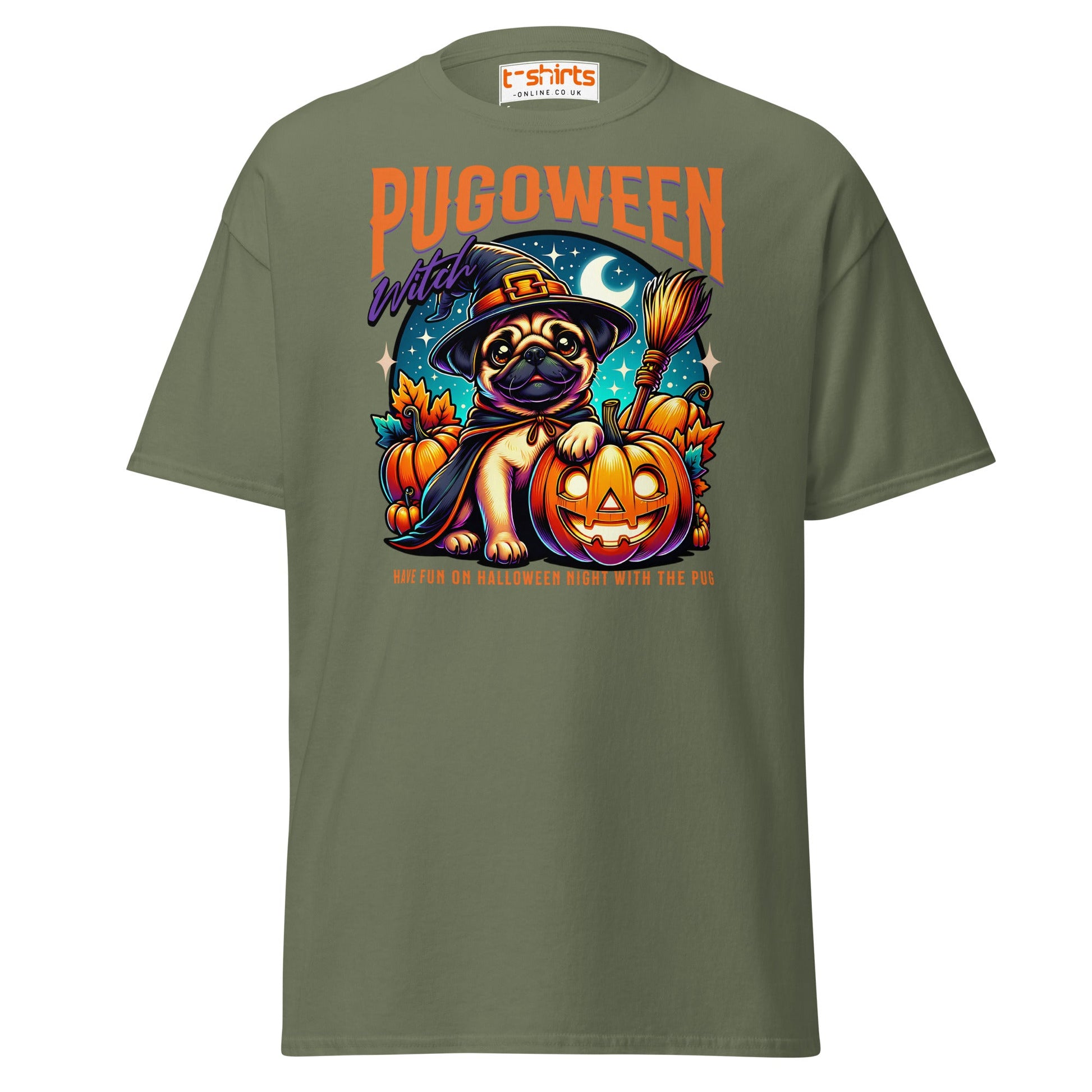 Pugoween Witch Halloween Pug T-Shirt - Military Green - T-Shirts Online