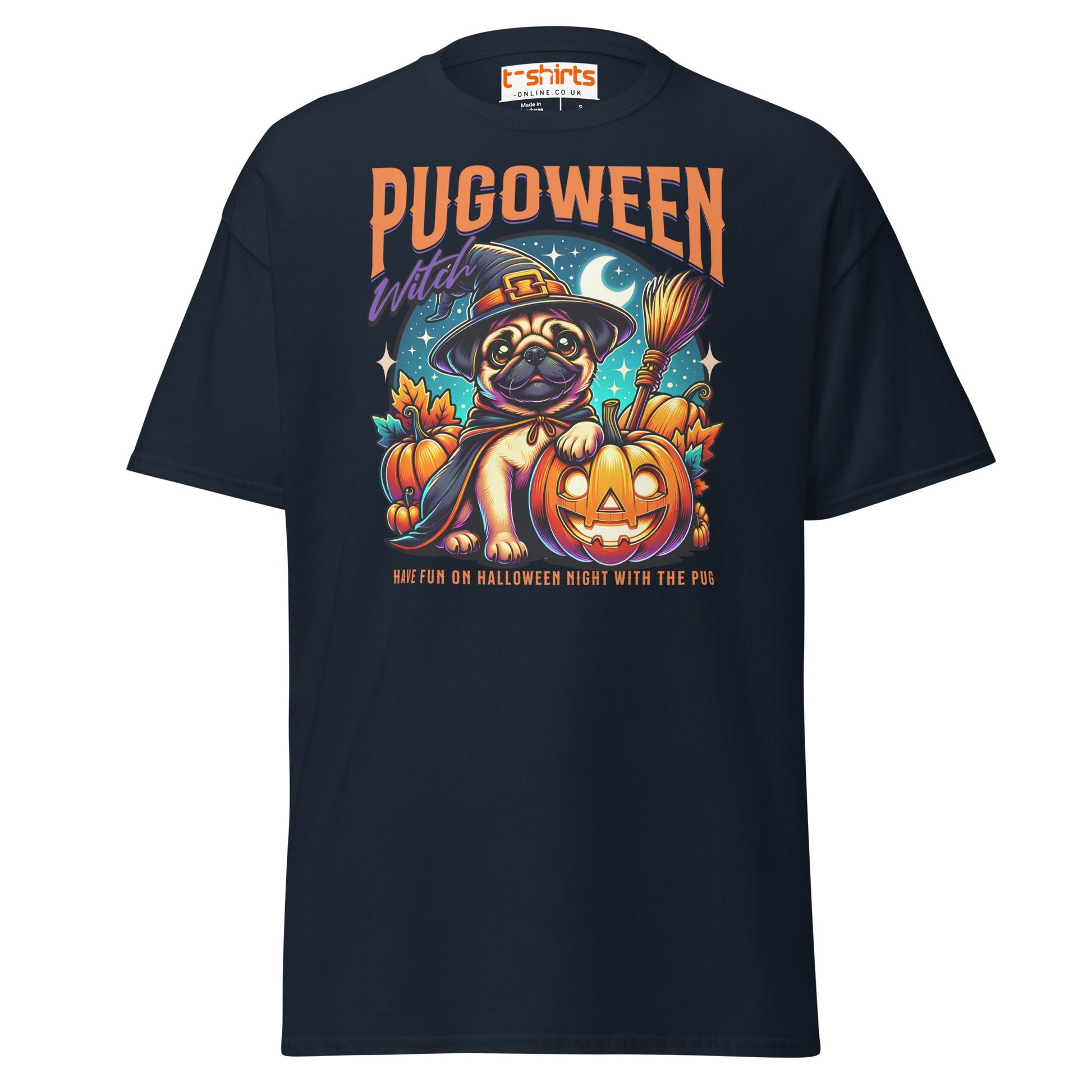 Pugoween Witch Halloween Pug T-Shirt - Navy - T-Shirts Online
