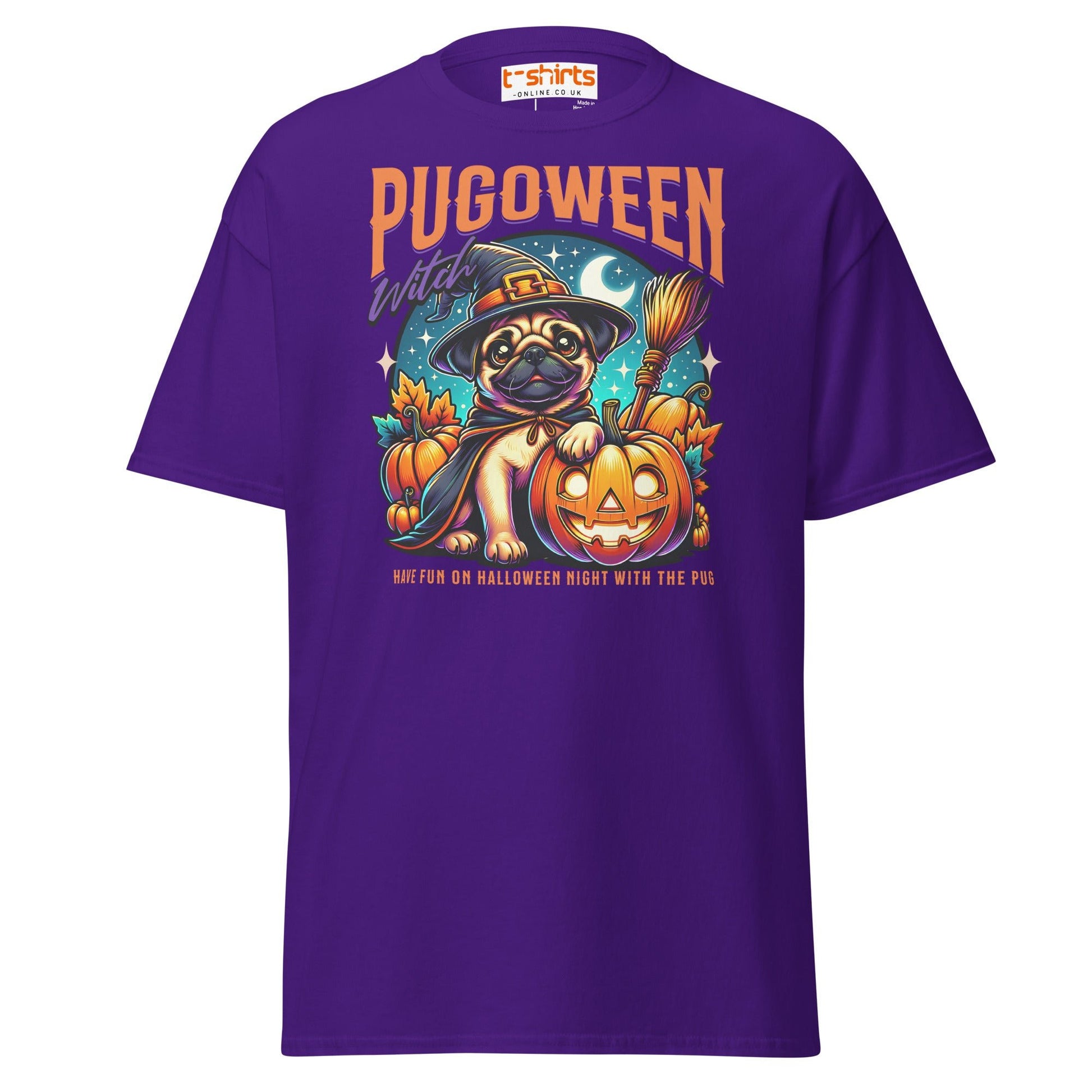 Pugoween Witch Halloween Pug T-Shirt - Purple - T-Shirts Online
