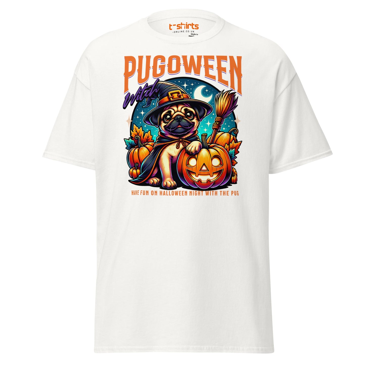 Pugoween Witch Halloween Pug T-Shirt - White - T-Shirts Online
