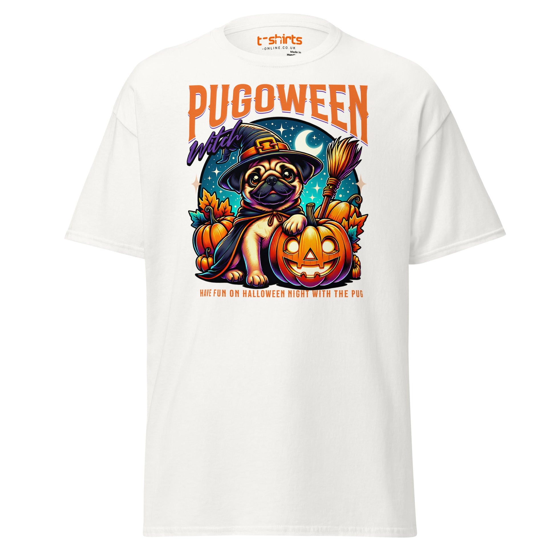 Pugoween Witch Halloween Pug T-Shirt - White - T-Shirts Online