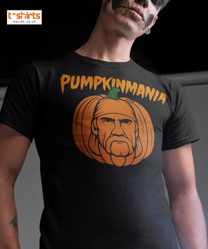Person wearing a black t-shirt with 'Pumpkinmania' design featuring a pumpkin with a face.