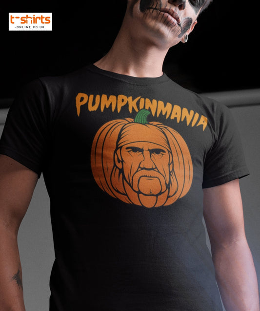 Person wearing a black t-shirt with 'Pumpkinmania' design featuring a pumpkin with a face.