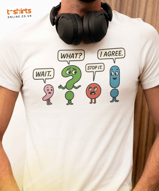 Cartoon punctuation marks with speech bubbles: comma says “WAIT.”, question mark says “WHAT?”, period says “STOP IT.”, exclamation says “I AGREE.”