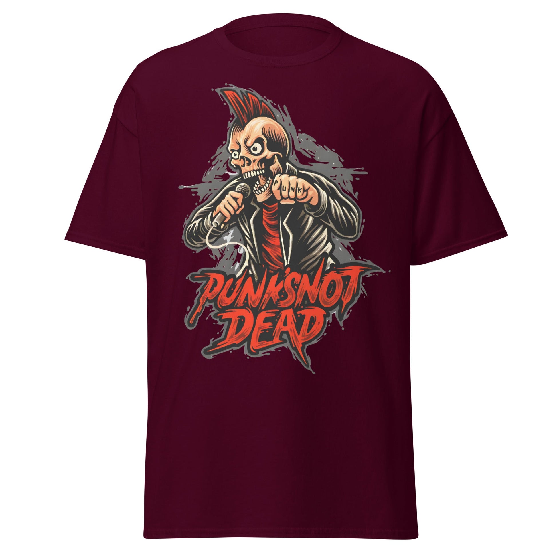 Punk Rock Skull T-Shirt - PUNK'S NOT DEAD Tee - Maroon - T-Shirts Online