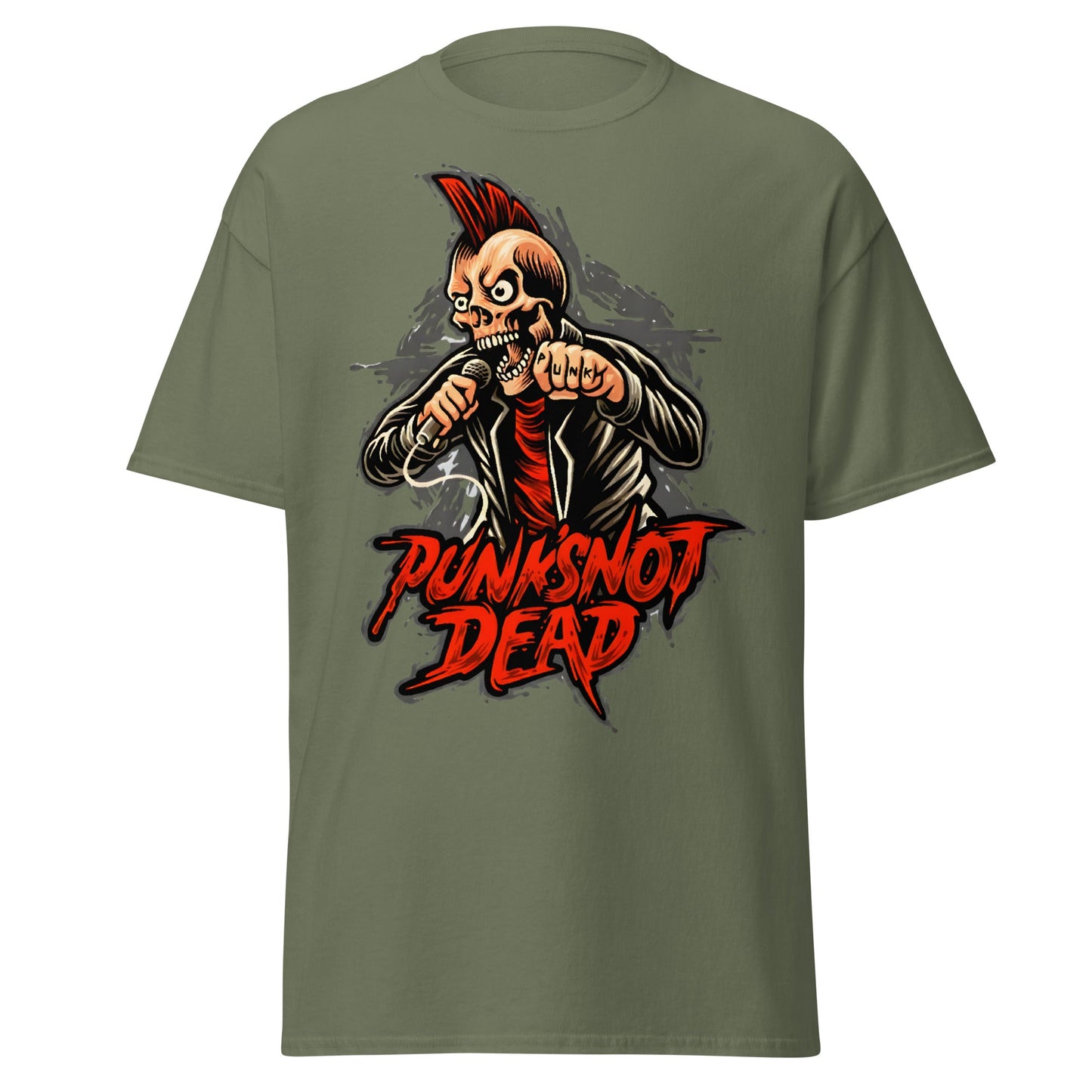 Punk Rock Skull T-Shirt - PUNK'S NOT DEAD Tee - Military Green - T-Shirts Online
