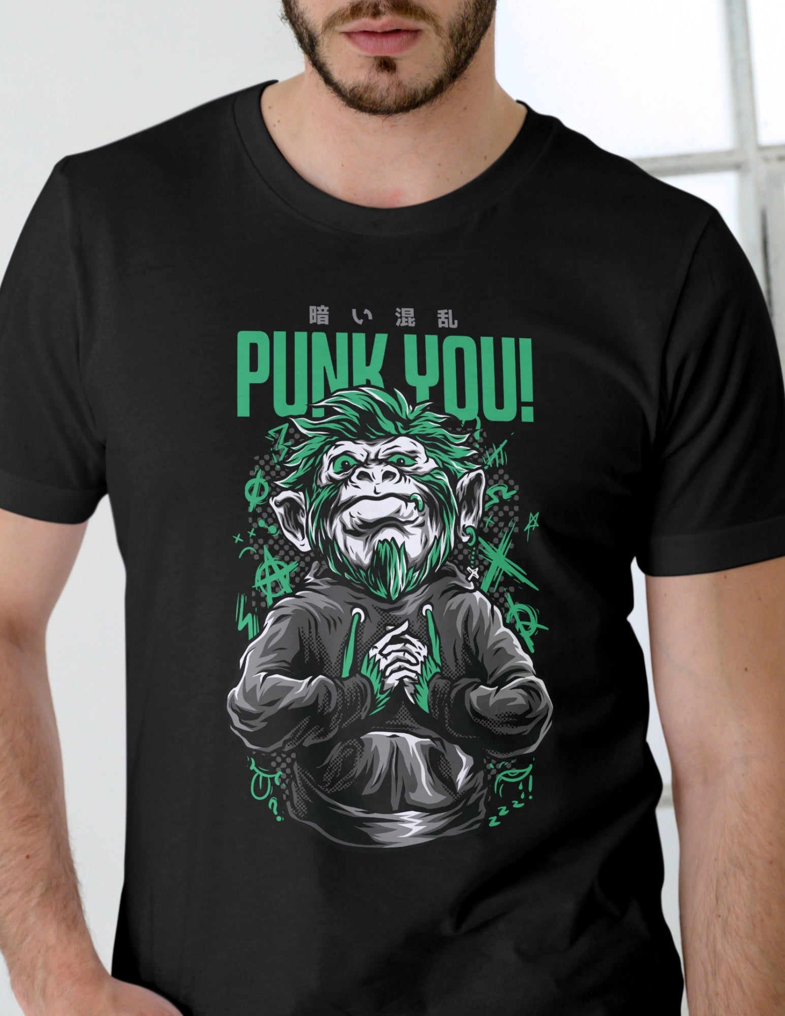 Black punk graphic t-shirt with green-haired chimp and "Punk You!" text in bold
