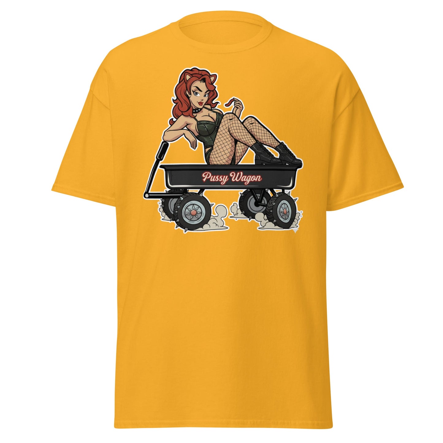 Pussy Wagon Pin - Up Adult Humor T-Shirt - Gold - T-Shirts Online