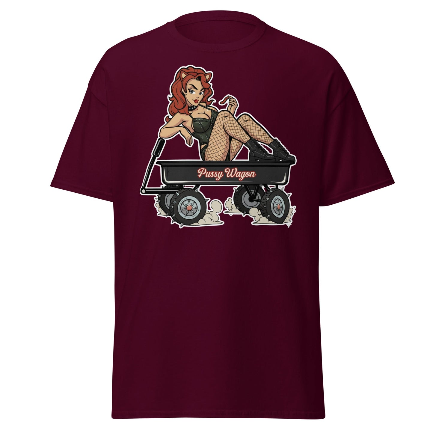Pussy Wagon Pin - Up Adult Humor T-Shirt - Maroon - T-Shirts Online