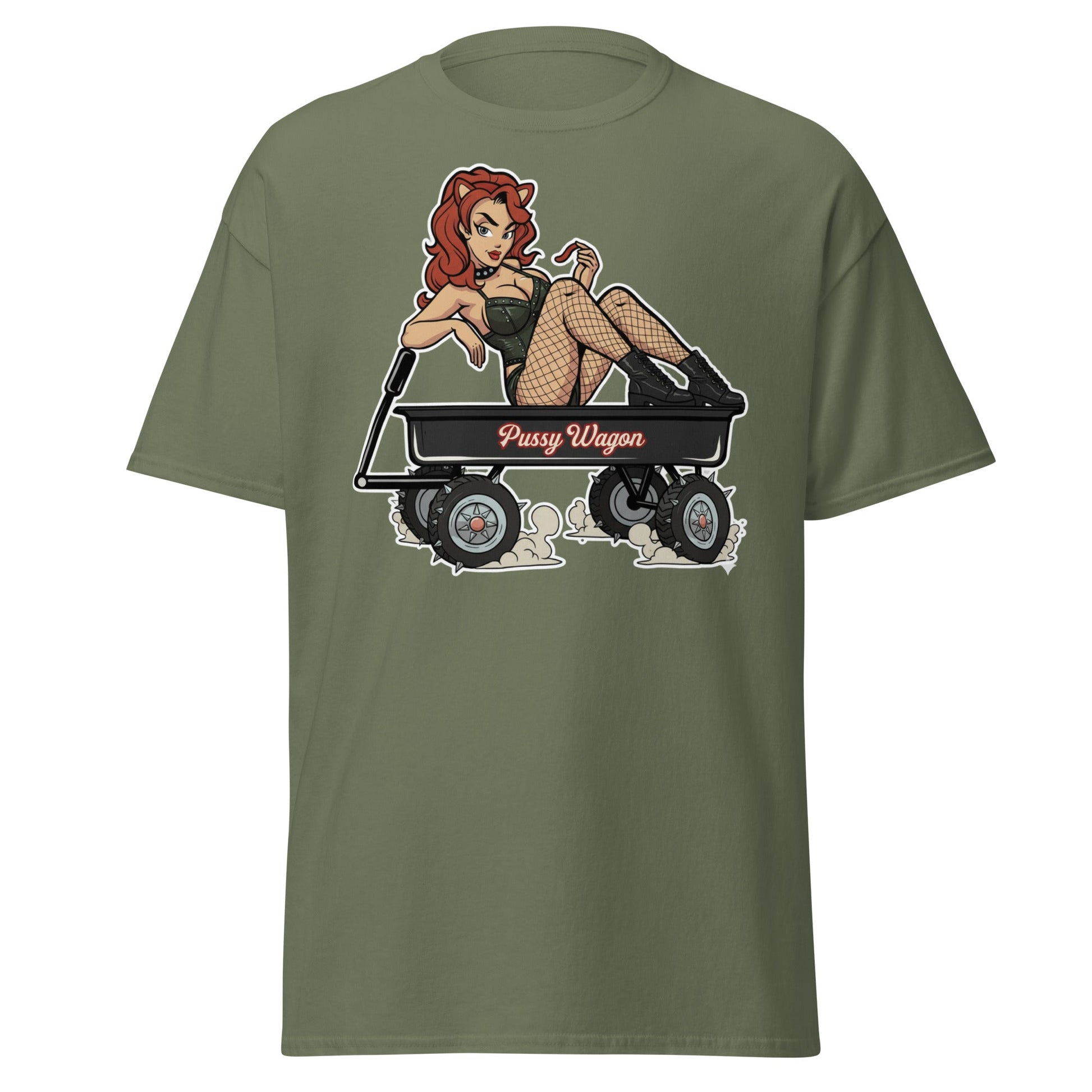 Pussy Wagon Pin - Up Adult Humor T-Shirt - Military Green - T-Shirts Online