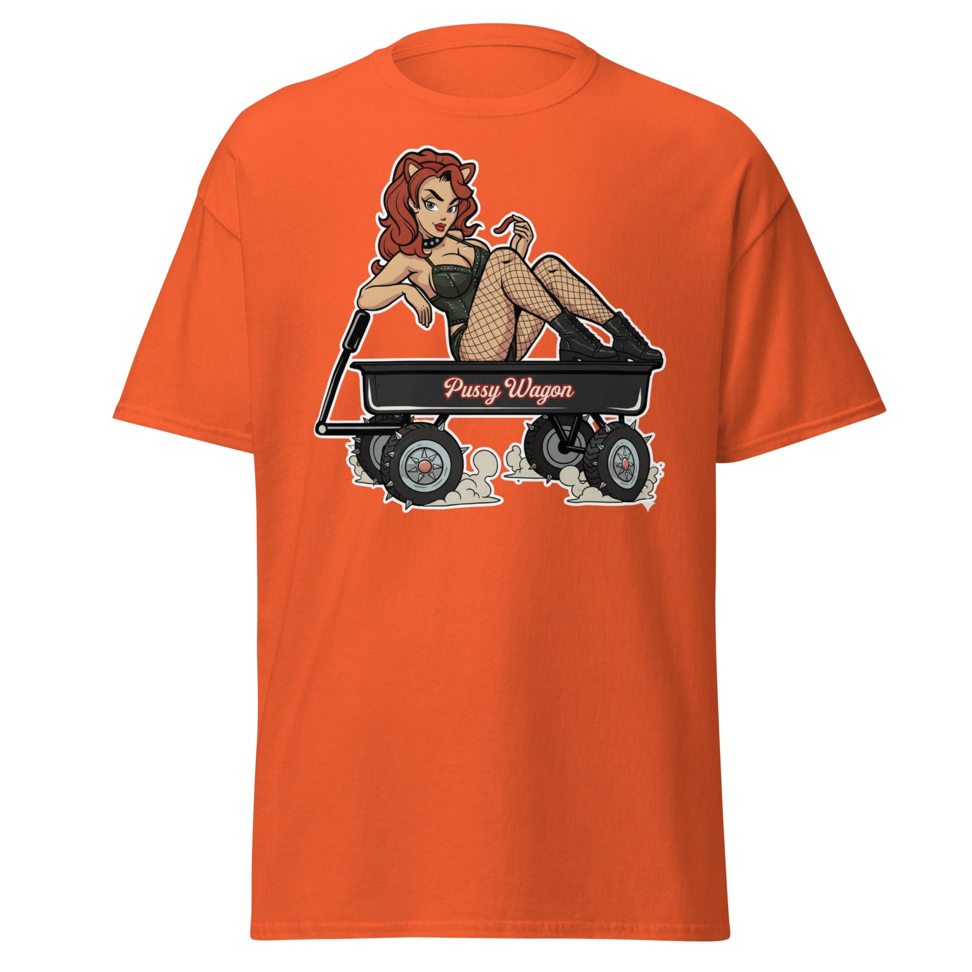 Pussy Wagon Pin - Up Adult Humor T-Shirt - Orange - T-Shirts Online