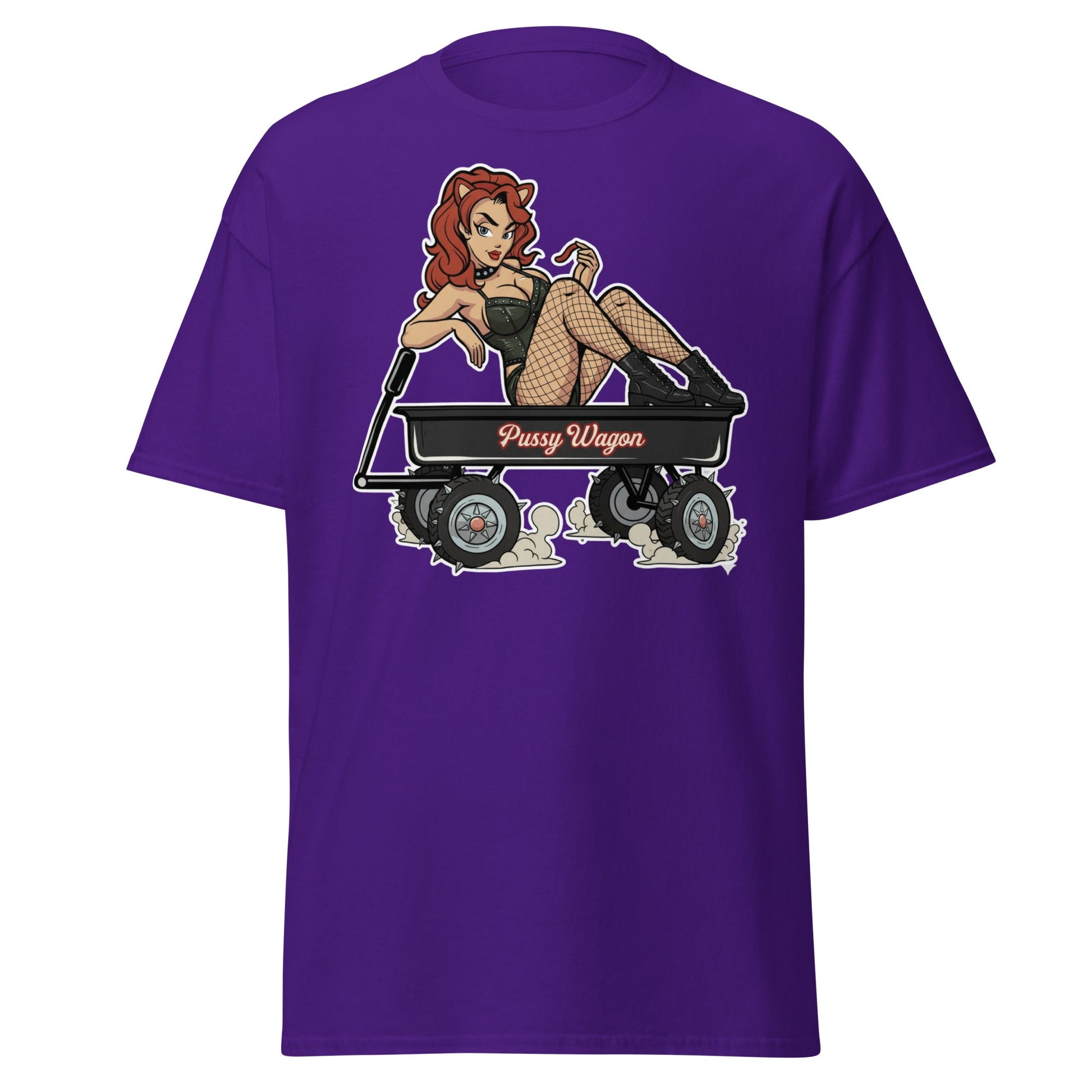 Pussy Wagon Pin - Up Adult Humor T-Shirt - Purple - T-Shirts Online