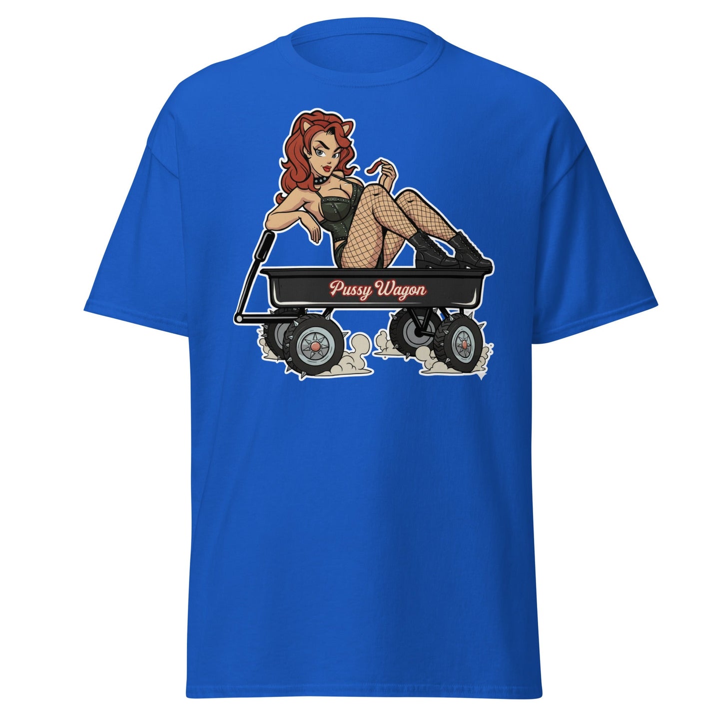 Pussy Wagon Pin - Up Adult Humor T-Shirt - Royal - T-Shirts Online