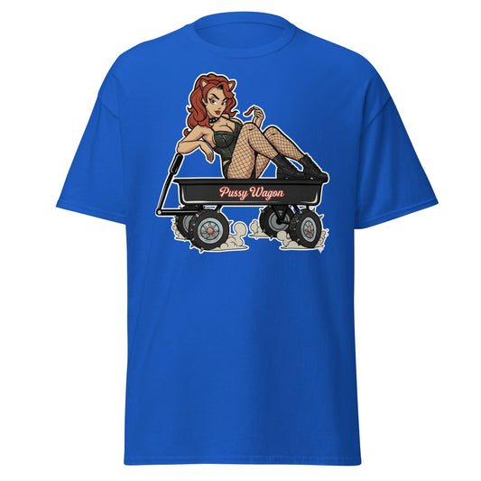Pussy Wagon Pin - Up Adult Humor T-Shirt - Royal - T-Shirts Online