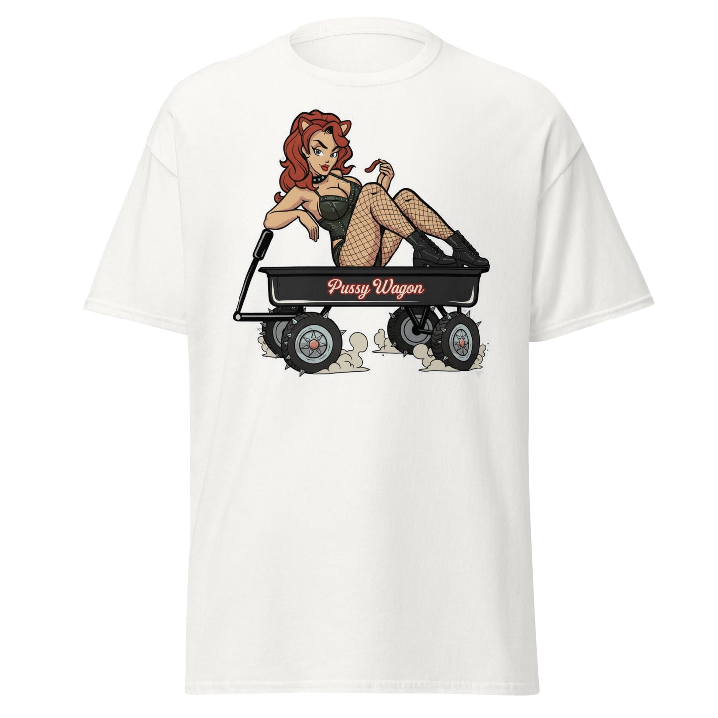 Pussy Wagon Pin - Up Adult Humor T-Shirt - White - T-Shirts Online