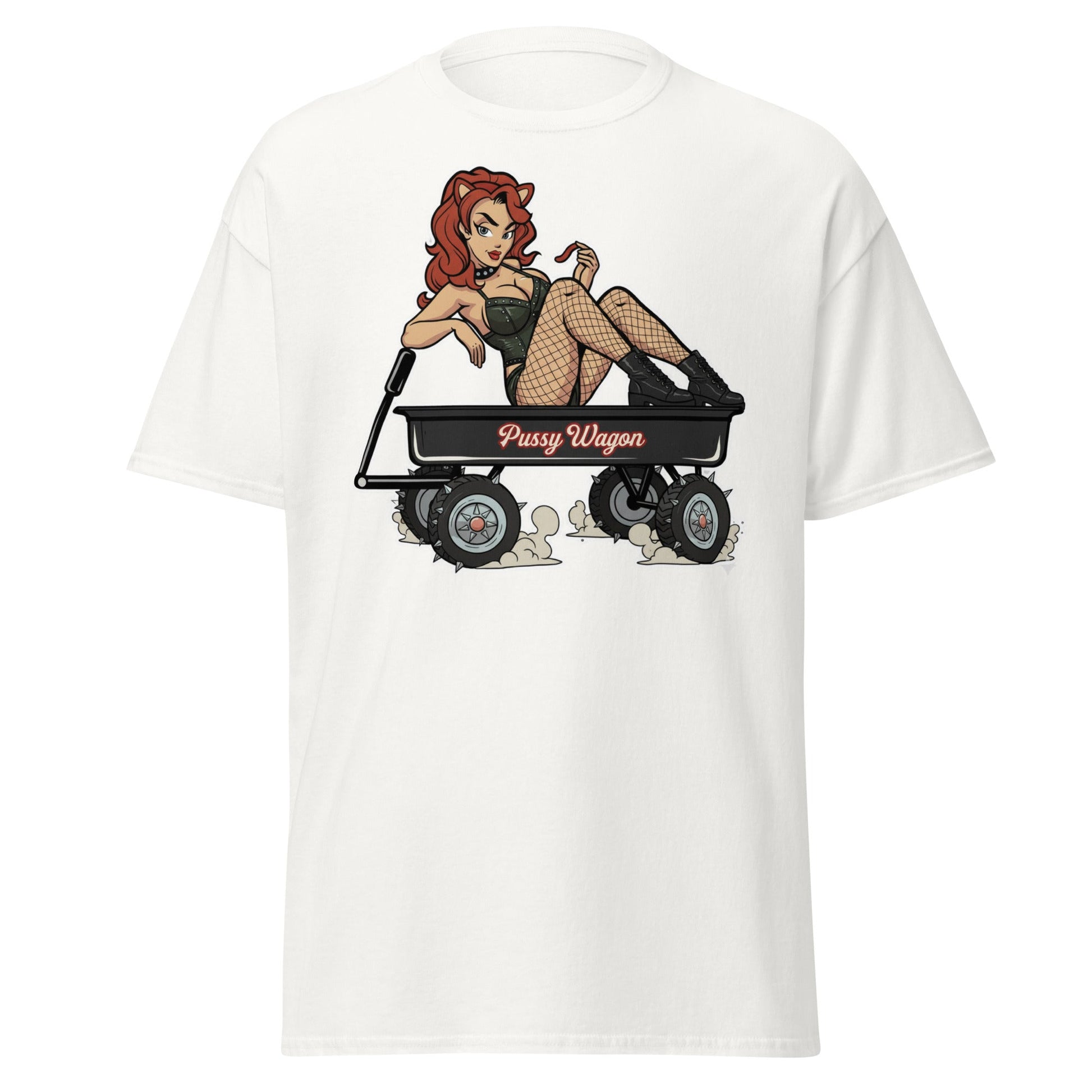 Pussy Wagon Pin - Up Adult Humor T-Shirt - White - T-Shirts Online