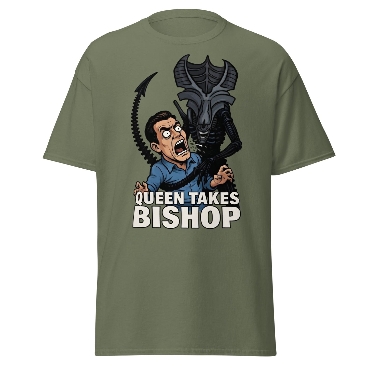 Queen Takes Bishop T-Shirt | Aliens Movie Chess Parody Tee - Military Green - T-Shirts Online
