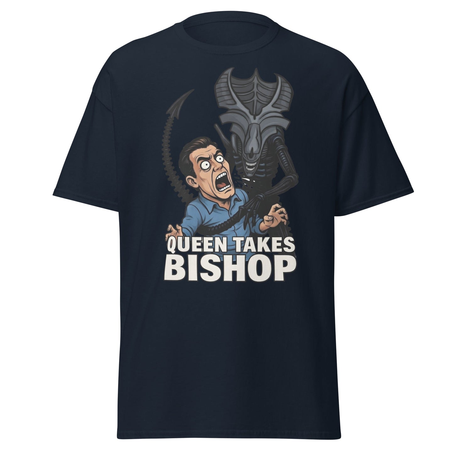 Queen Takes Bishop T-Shirt | Aliens Movie Chess Parody Tee - Navy - T-Shirts Online