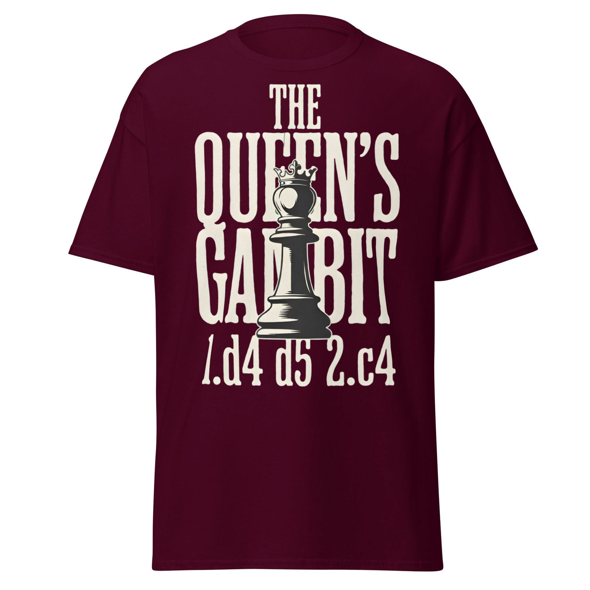 Queen's Gambit Chess T-Shirt - 1.d4 d5 2.c4 Opening Tee - Maroon - T-Shirts Online