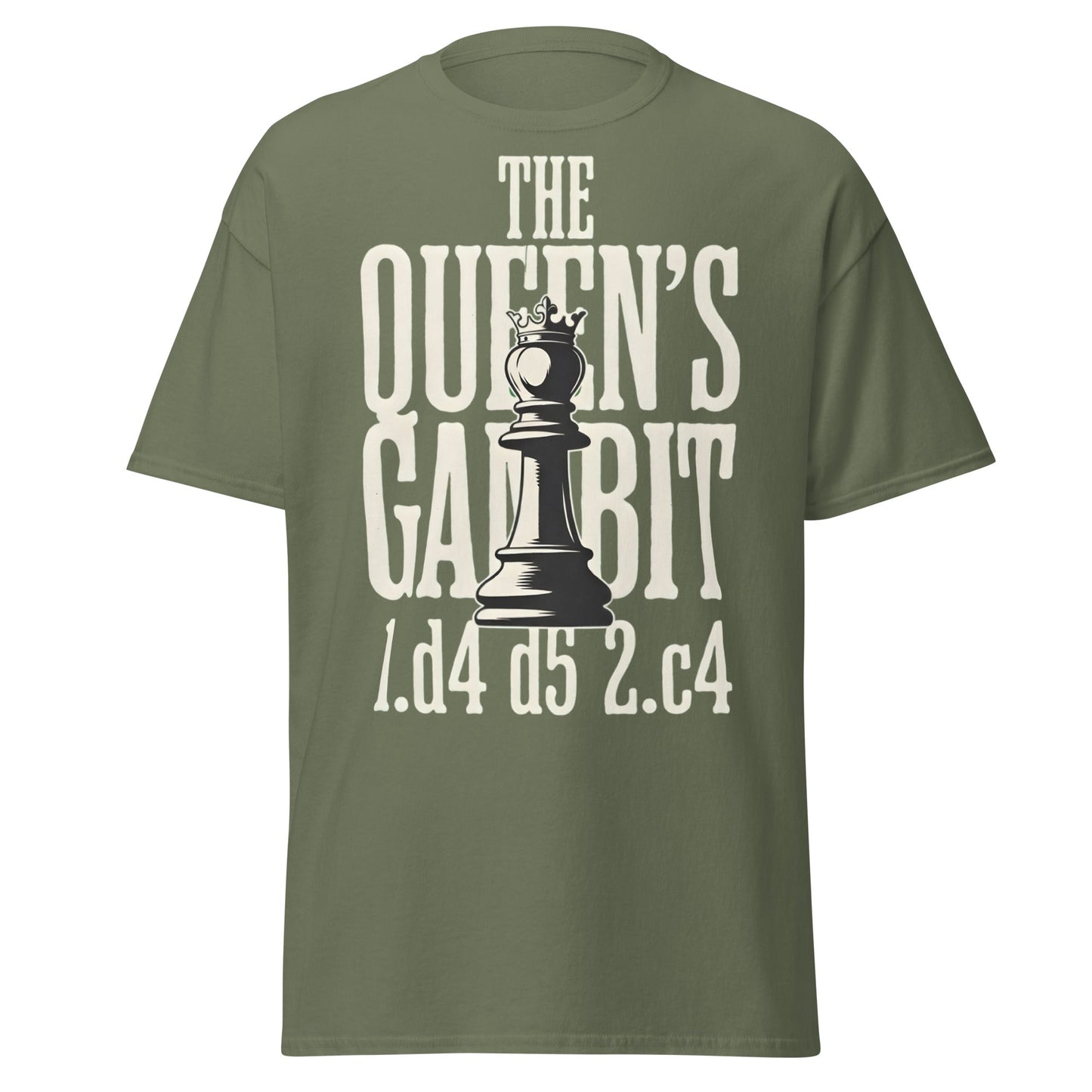 Queen's Gambit Chess T-Shirt - 1.d4 d5 2.c4 Opening Tee - Military Green - T-Shirts Online
