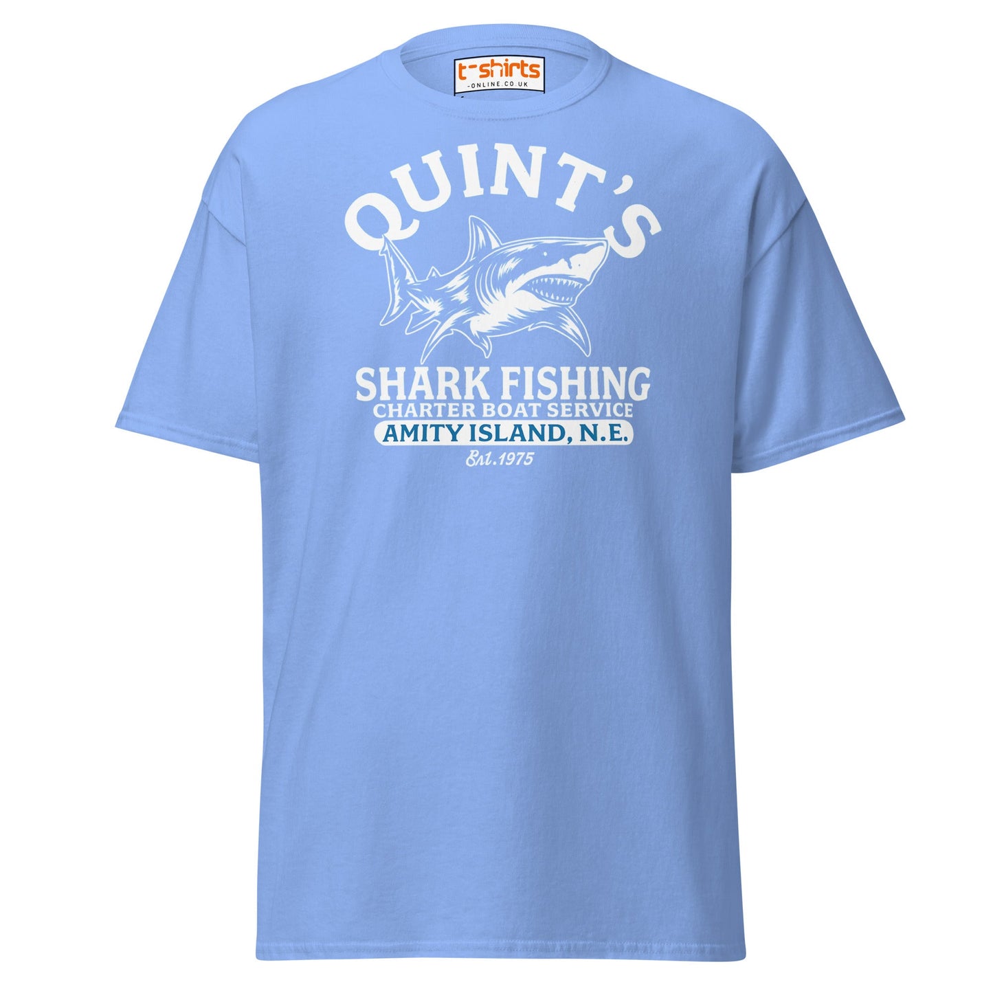 Quint’s Shark Fishing Tee – Retro Ocean Adventure Shirt - Carolina Blue - T-Shirts Online