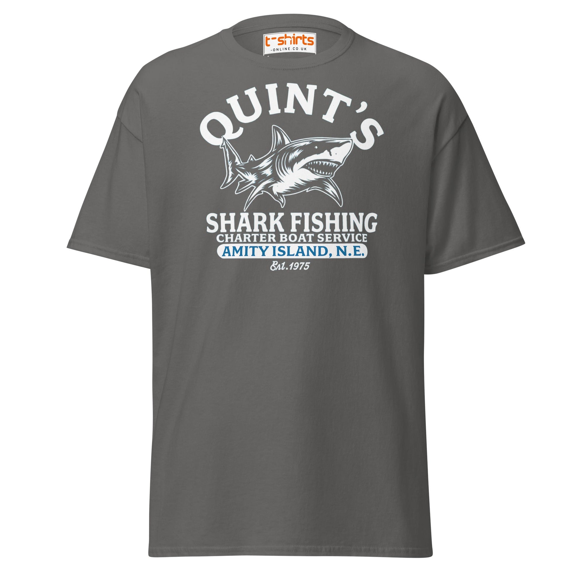 Quint’s Shark Fishing Tee – Retro Ocean Adventure Shirt - Charcoal - T-Shirts Online