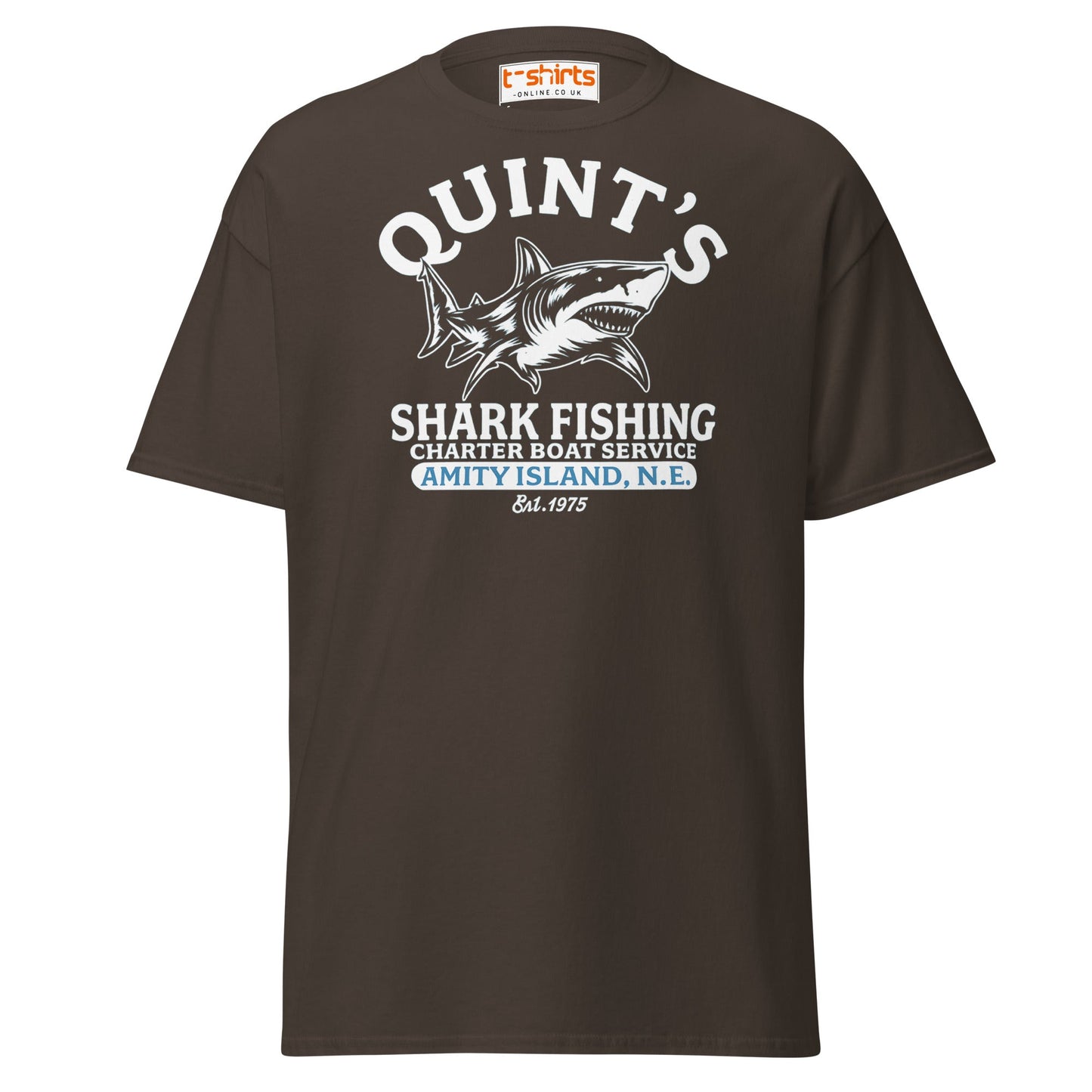 Quint’s Shark Fishing Tee – Retro Ocean Adventure Shirt - Dark Chocolate - T-Shirts Online