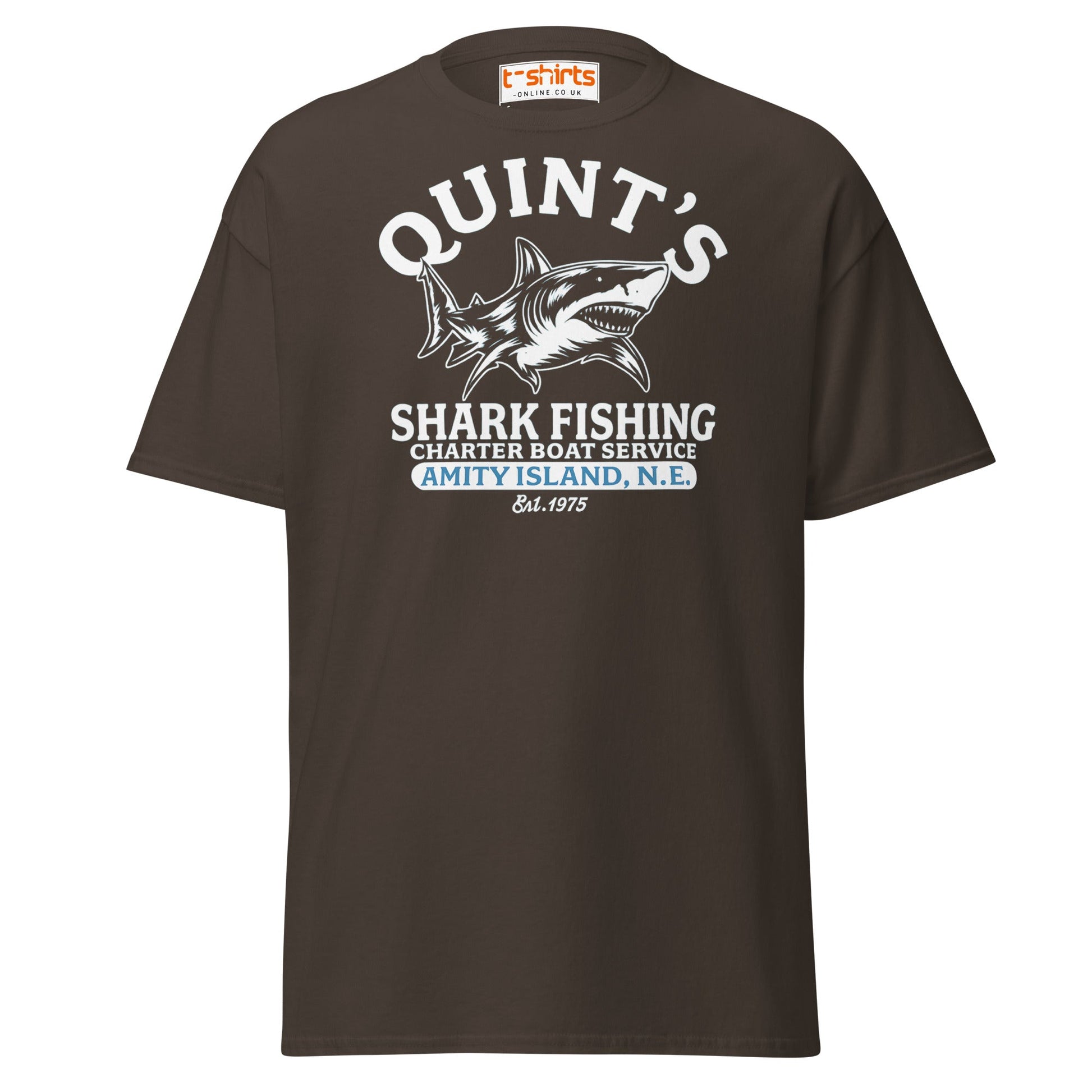 Quint’s Shark Fishing Tee – Retro Ocean Adventure Shirt - Dark Chocolate - T-Shirts Online
