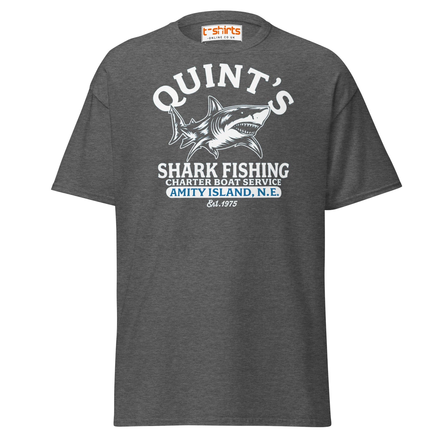 Quint’s Shark Fishing Tee – Retro Ocean Adventure Shirt - Dark Heather - T-Shirts Online