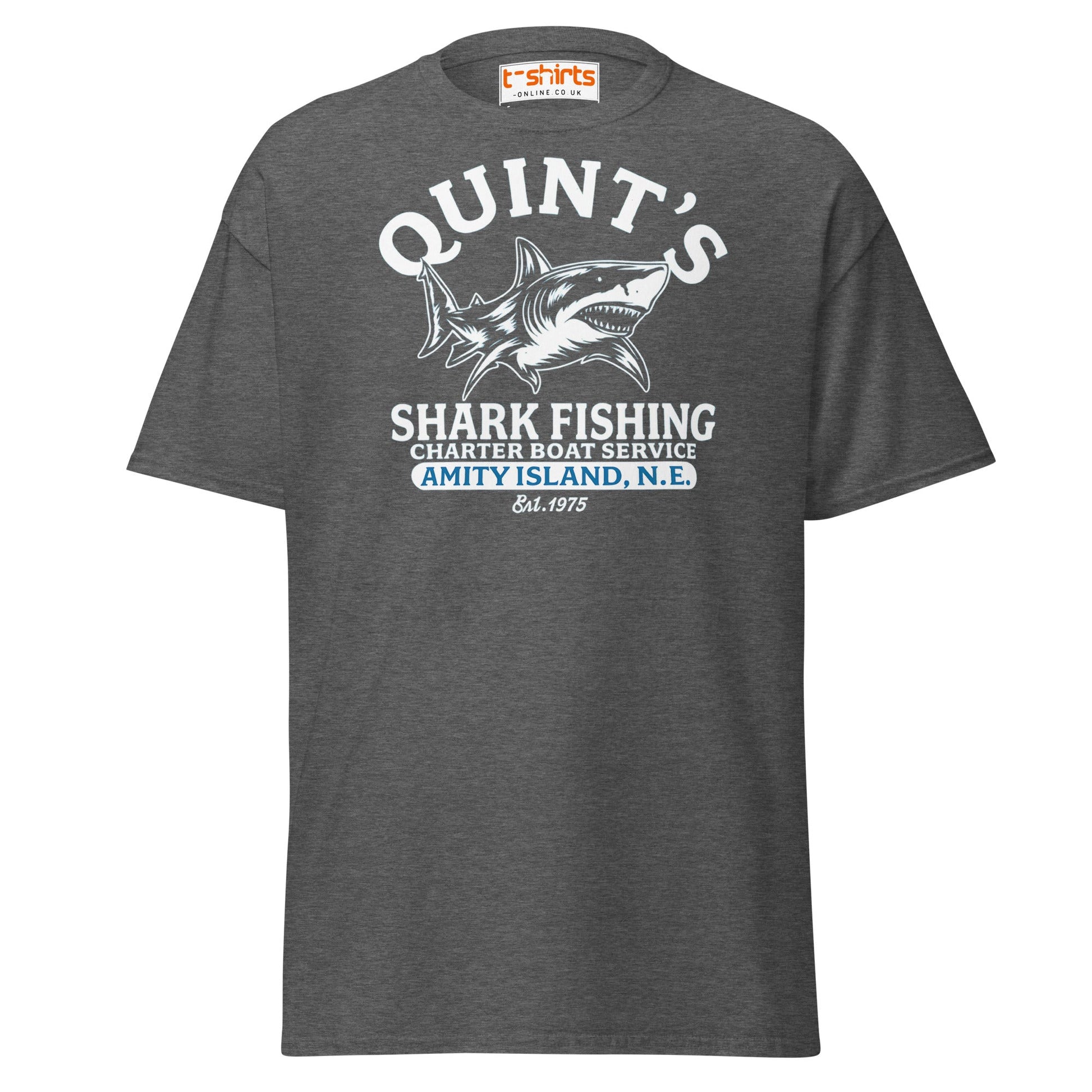 Quint’s Shark Fishing Tee – Retro Ocean Adventure Shirt - Dark Heather - T-Shirts Online