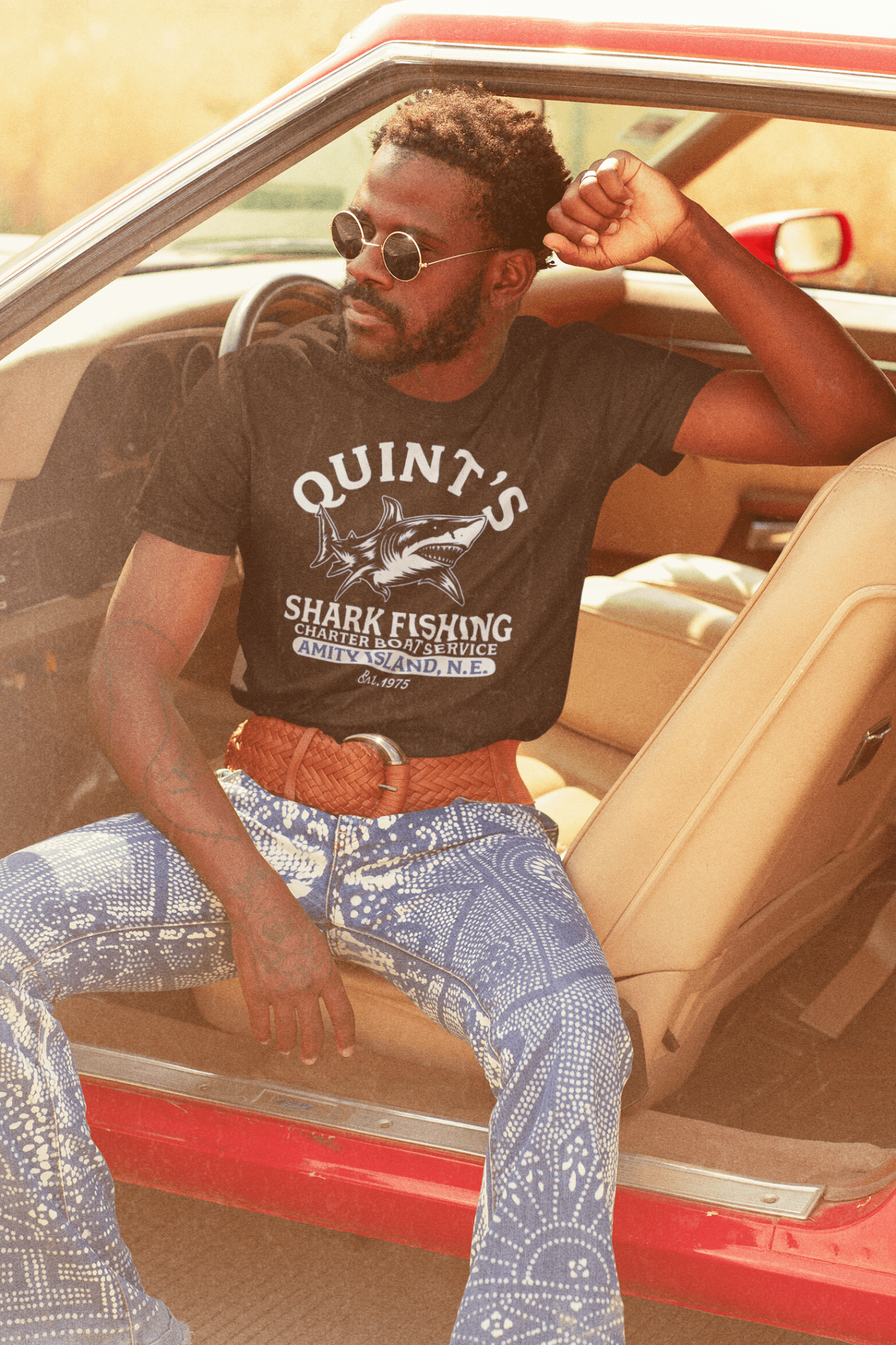 Quint’s Shark Fishing Tee – Retro Ocean Adventure Shirt - Gold - T-Shirts Online