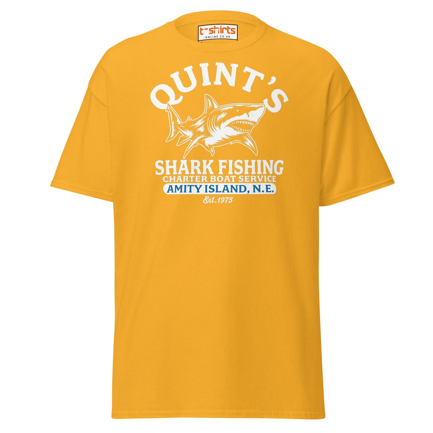 Quint’s Shark Fishing Tee – Retro Ocean Adventure Shirt - Gold - T-Shirts Online