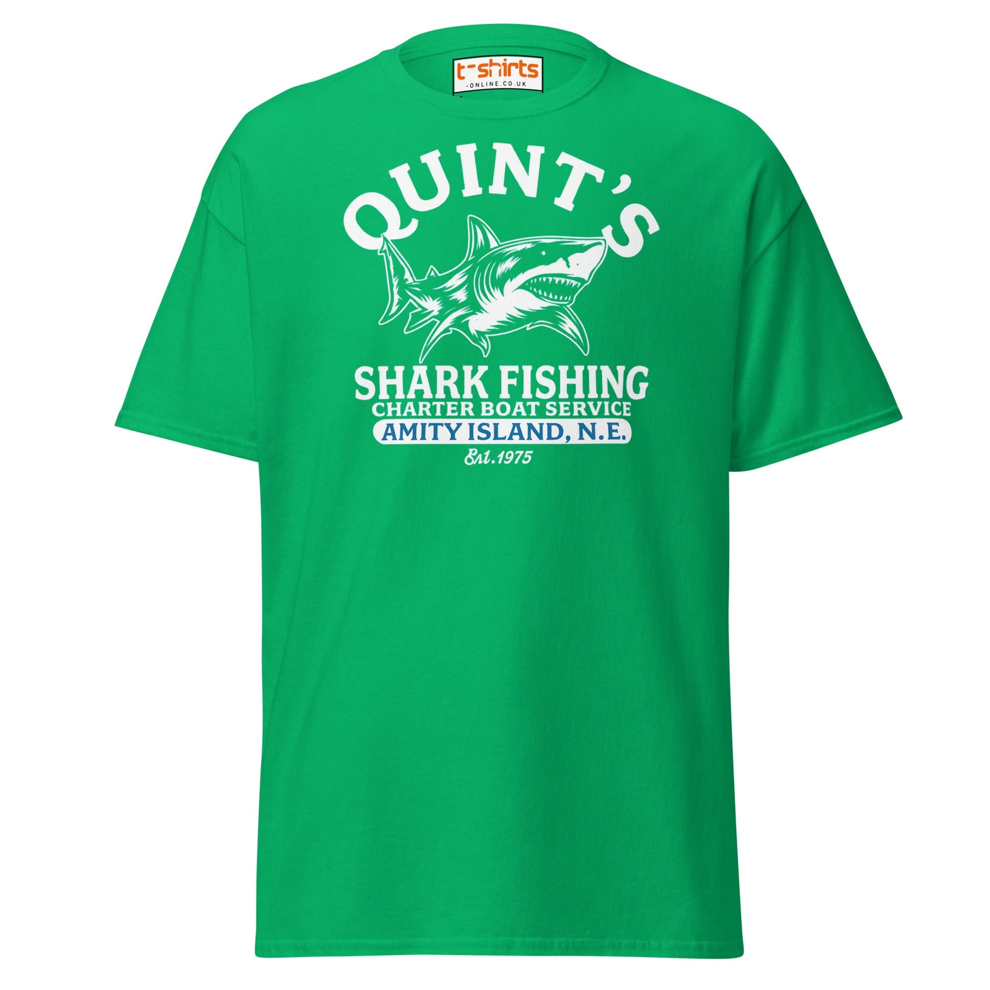 Quint’s Shark Fishing Tee – Retro Ocean Adventure Shirt - Irish Green - T-Shirts Online