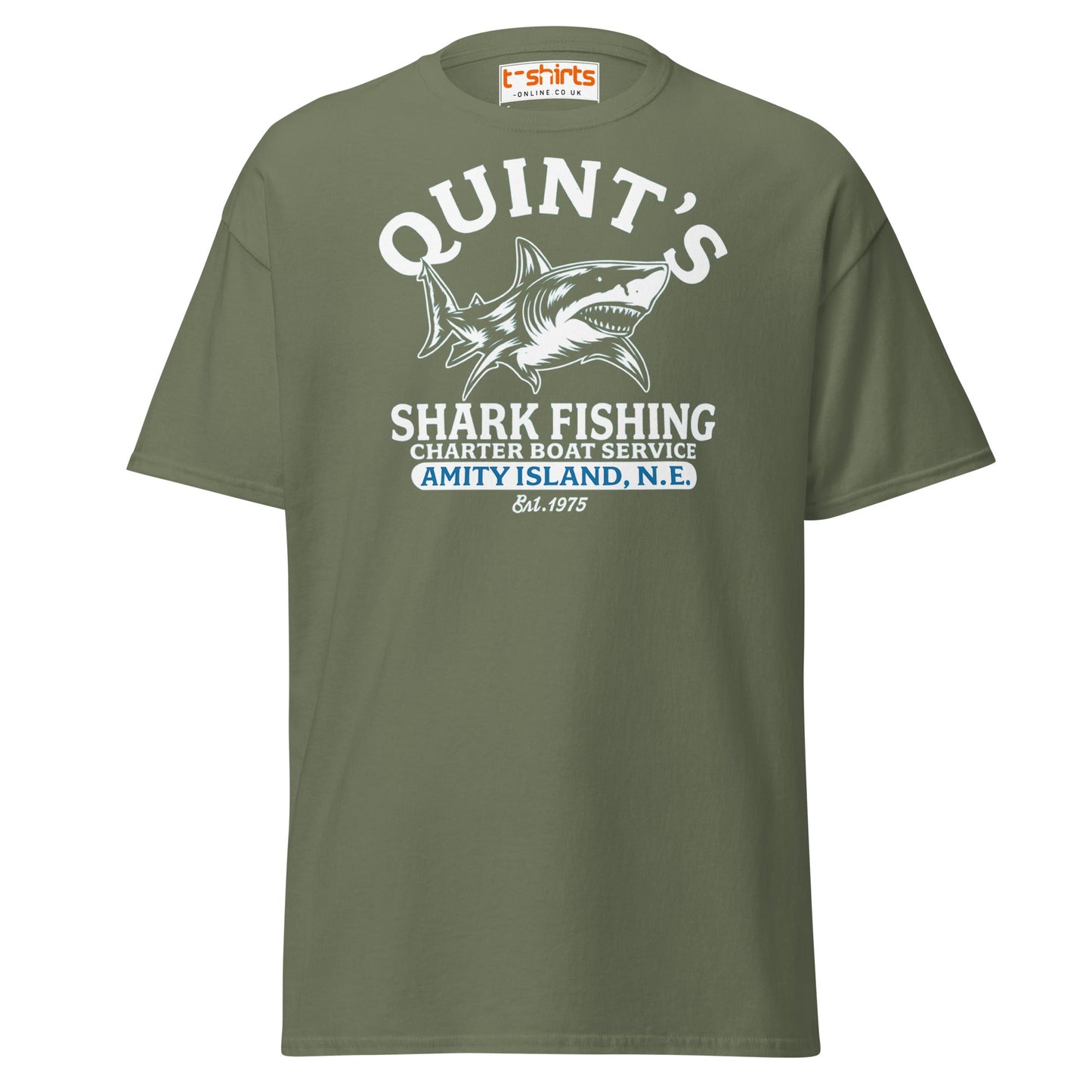 Quint’s Shark Fishing Tee – Retro Ocean Adventure Shirt - Military Green - T-Shirts Online