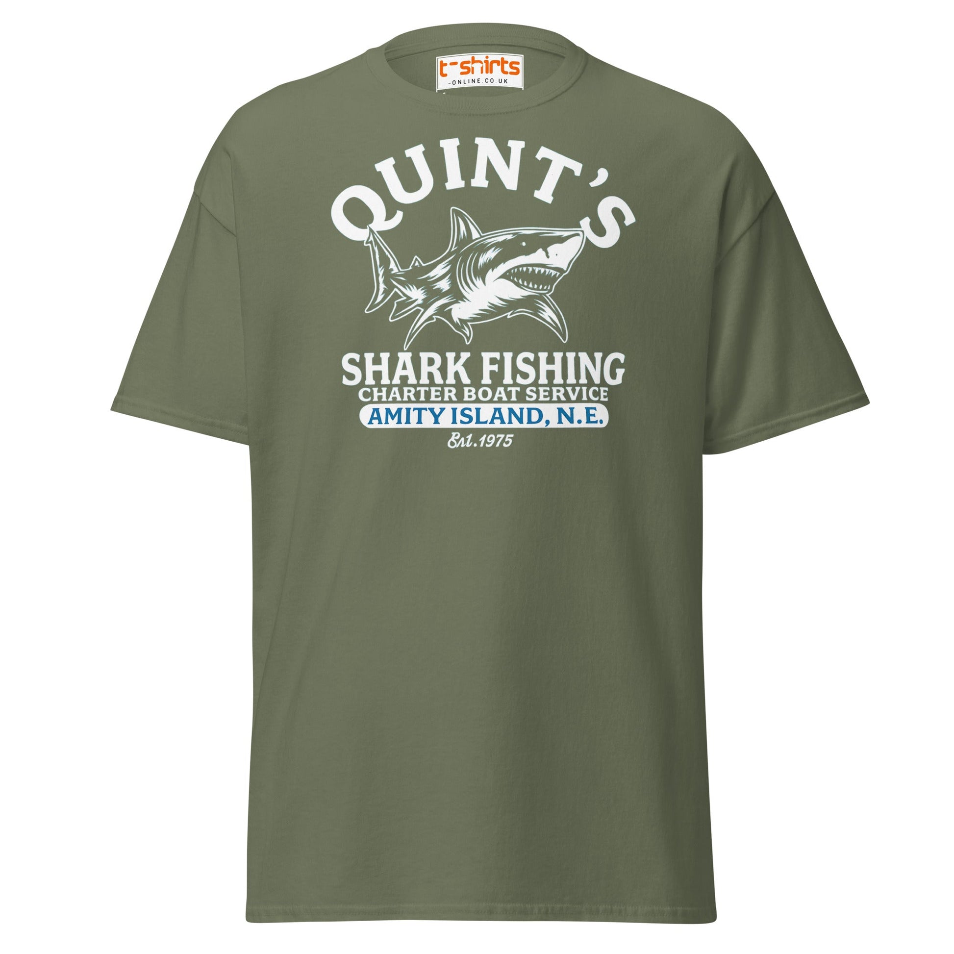 Quint’s Shark Fishing Tee – Retro Ocean Adventure Shirt - Military Green - T-Shirts Online