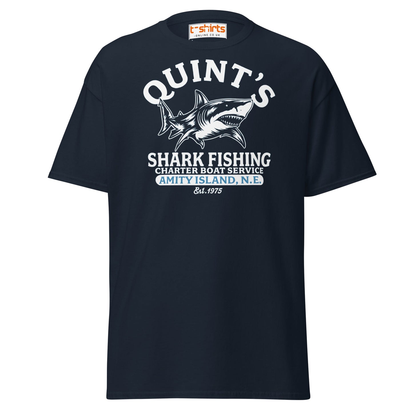 Quint’s Shark Fishing Tee – Retro Ocean Adventure Shirt - Navy - T-Shirts Online