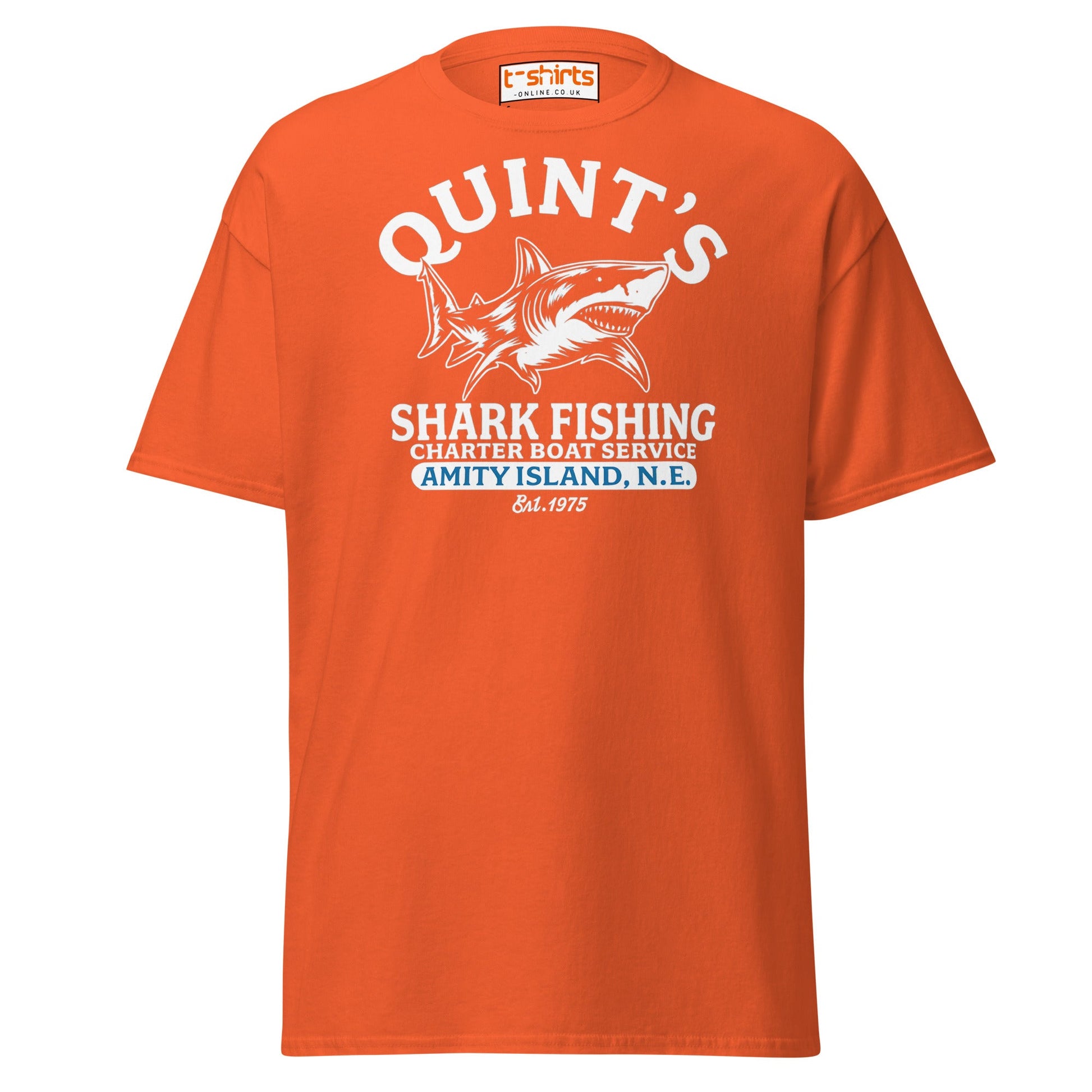 Quint’s Shark Fishing Tee – Retro Ocean Adventure Shirt - Orange - T-Shirts Online