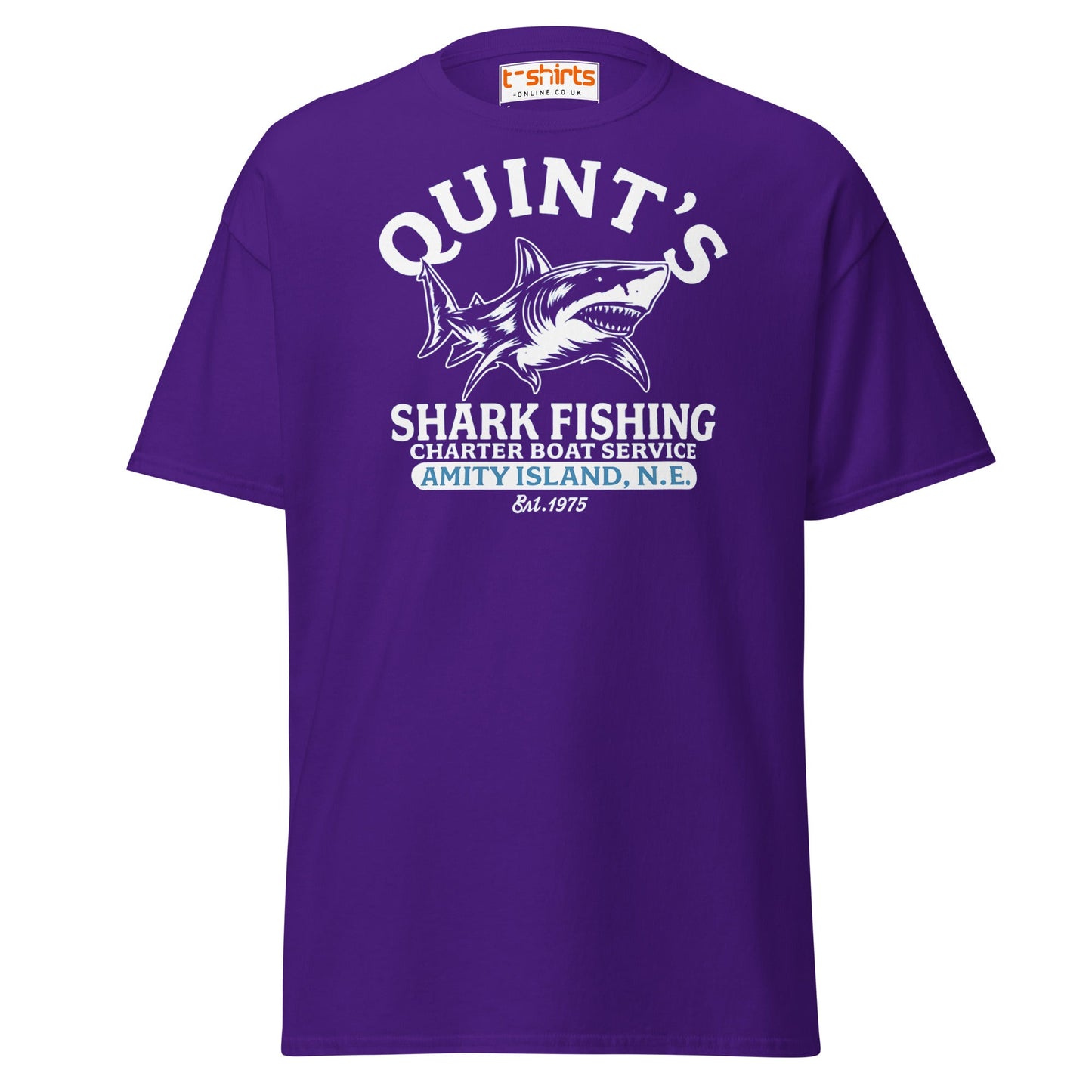 Quint’s Shark Fishing Tee – Retro Ocean Adventure Shirt - Purple - T-Shirts Online