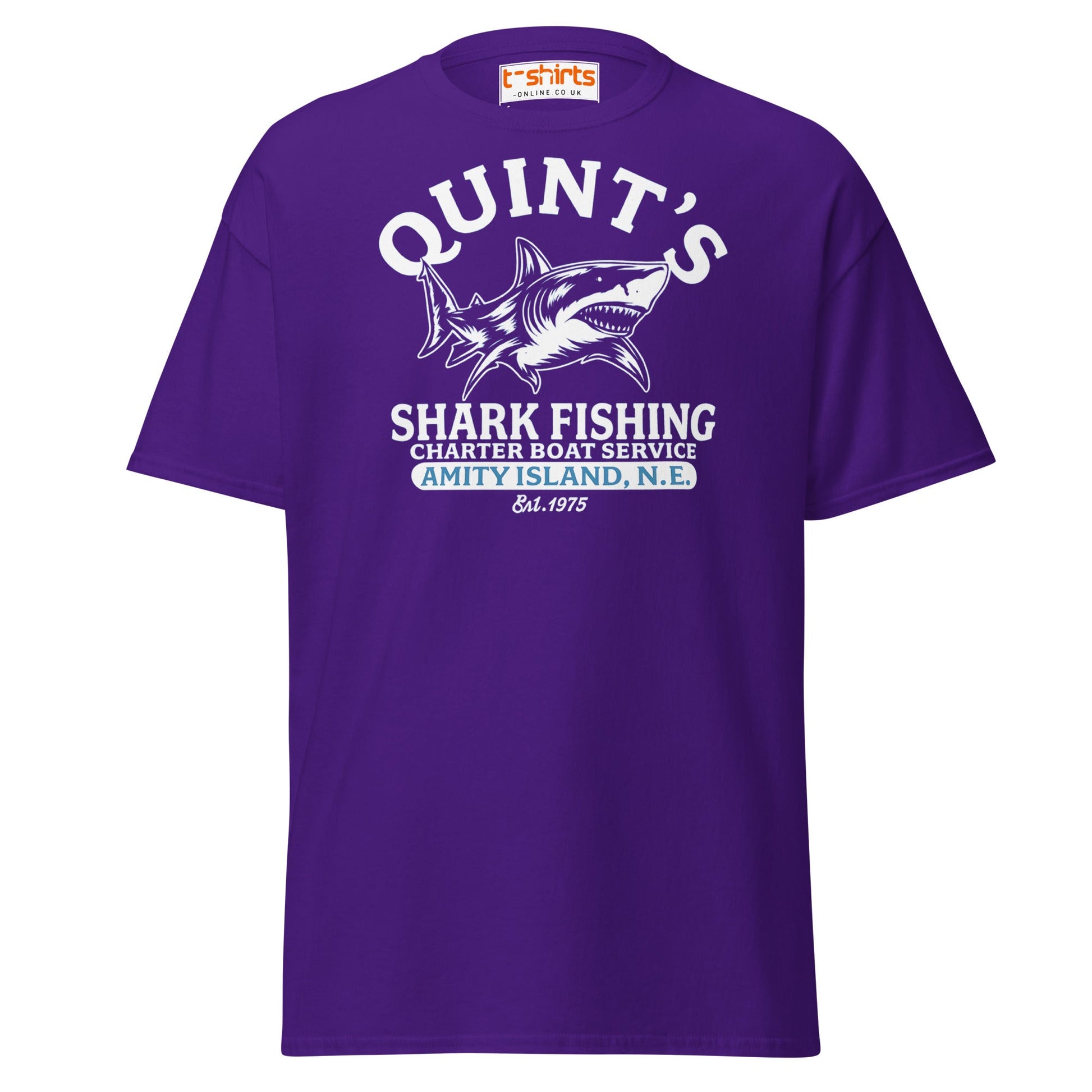 Quint’s Shark Fishing Tee – Retro Ocean Adventure Shirt - Purple - T-Shirts Online