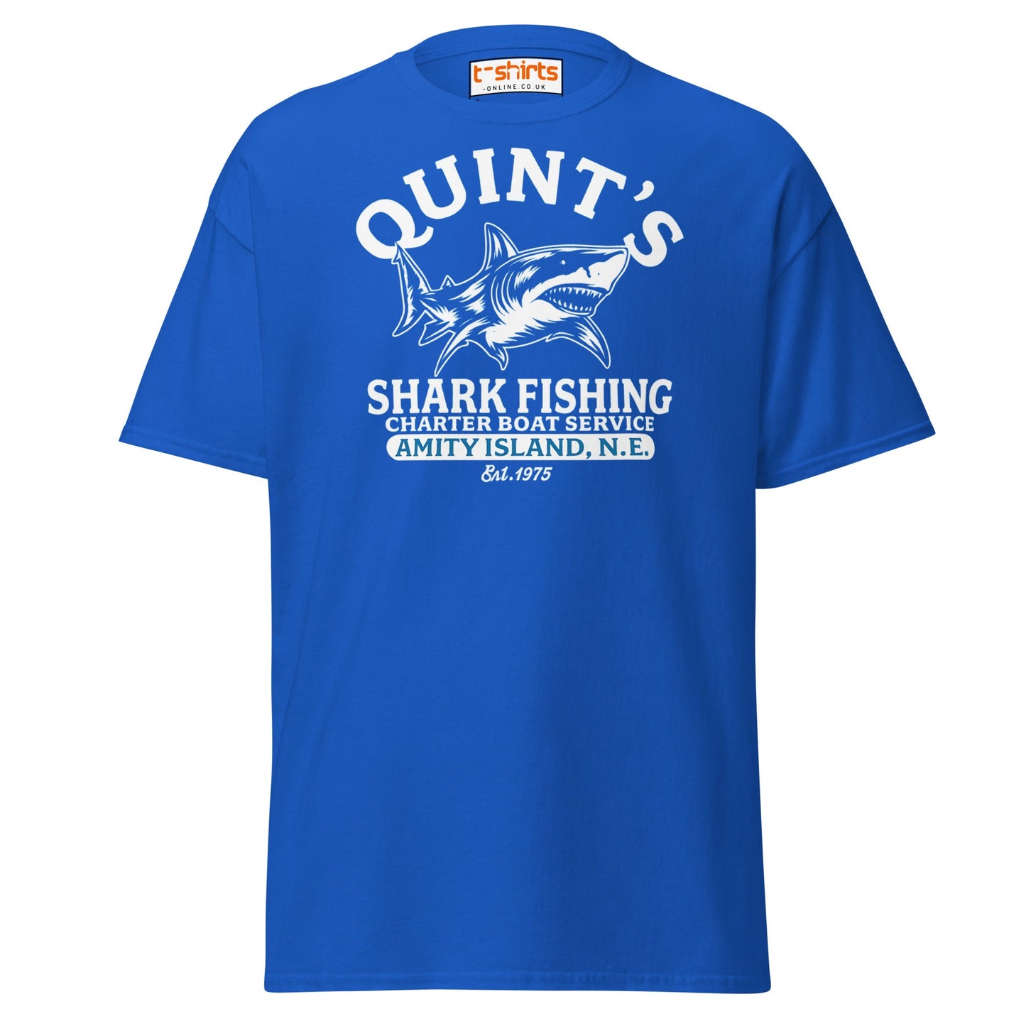 Quint’s Shark Fishing Tee – Retro Ocean Adventure Shirt - Royal - T-Shirts Online