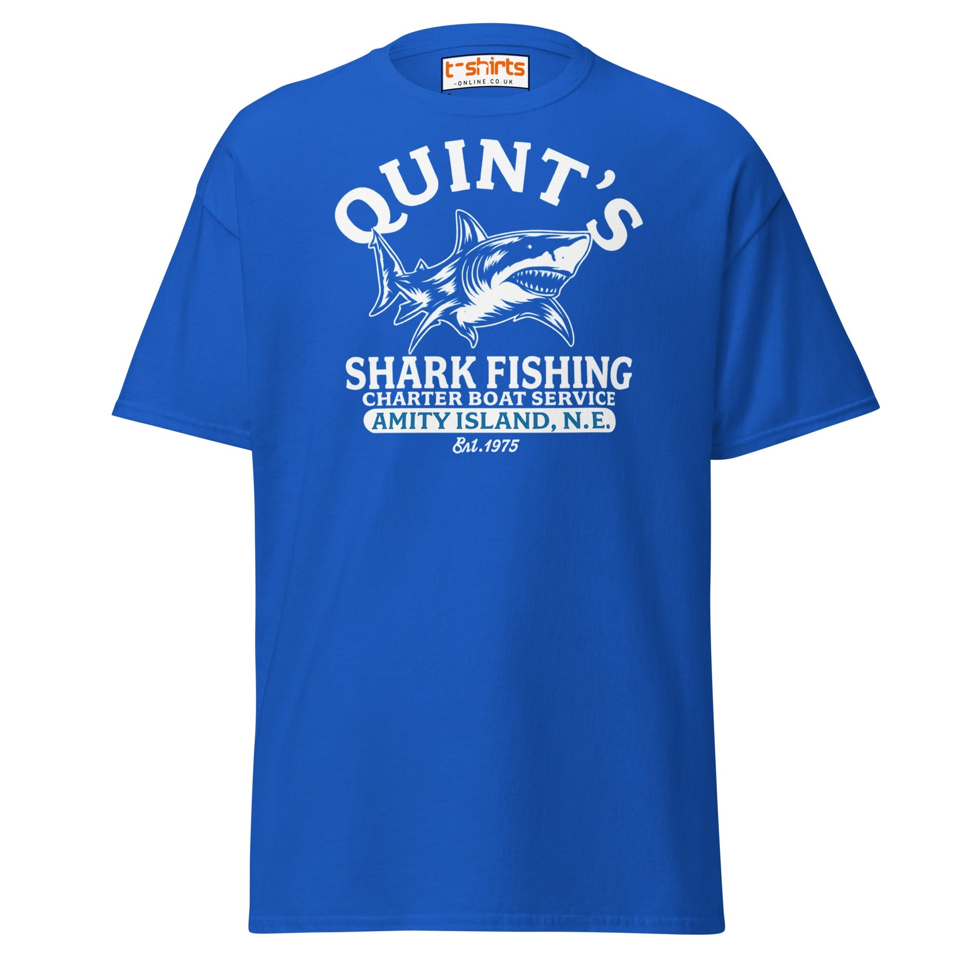 Quint’s Shark Fishing Tee – Retro Ocean Adventure Shirt - Royal - T-Shirts Online