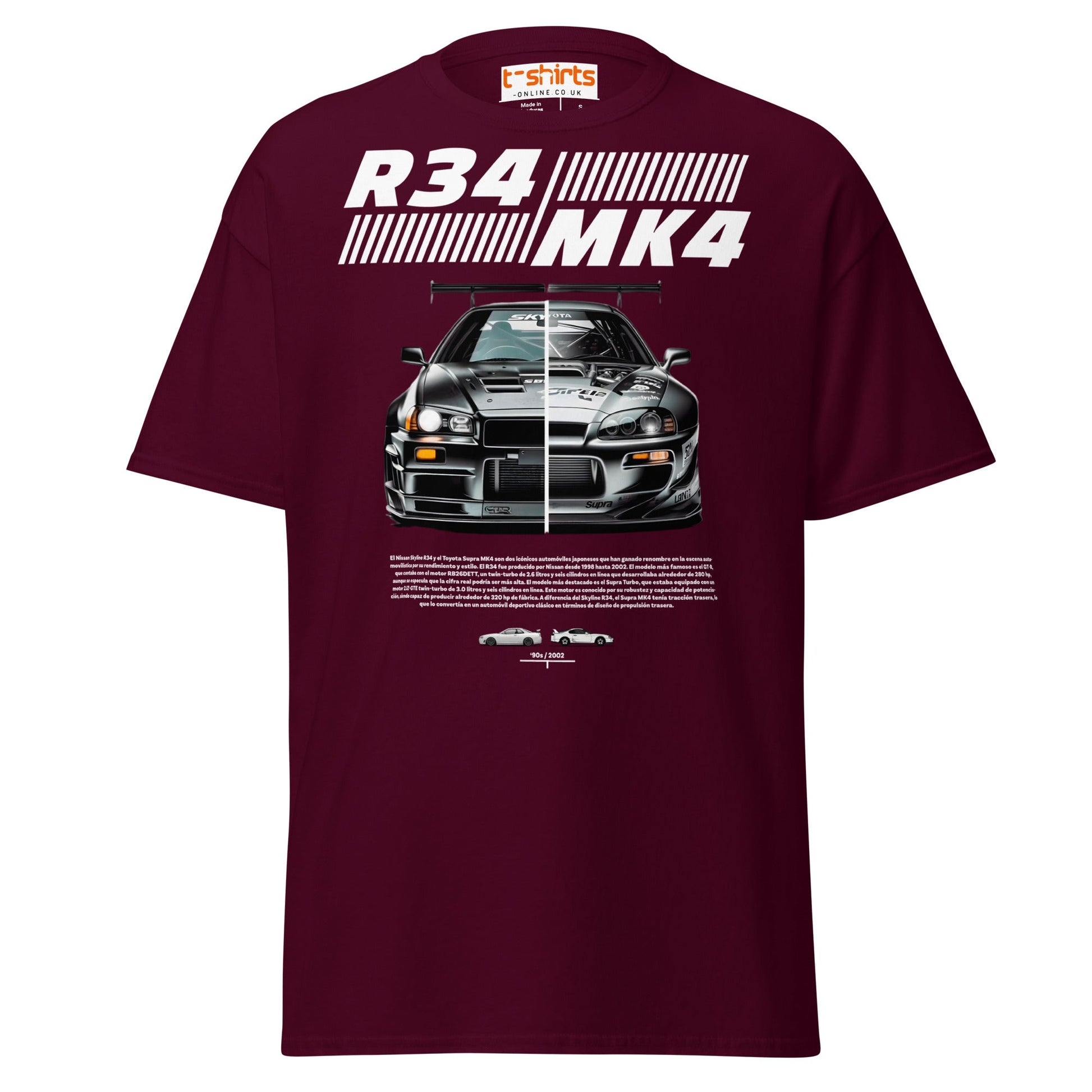 R34 vs MK4 T-Shirt | JDM Icons Side - by - Side Car Tee - Maroon - T-Shirts Online