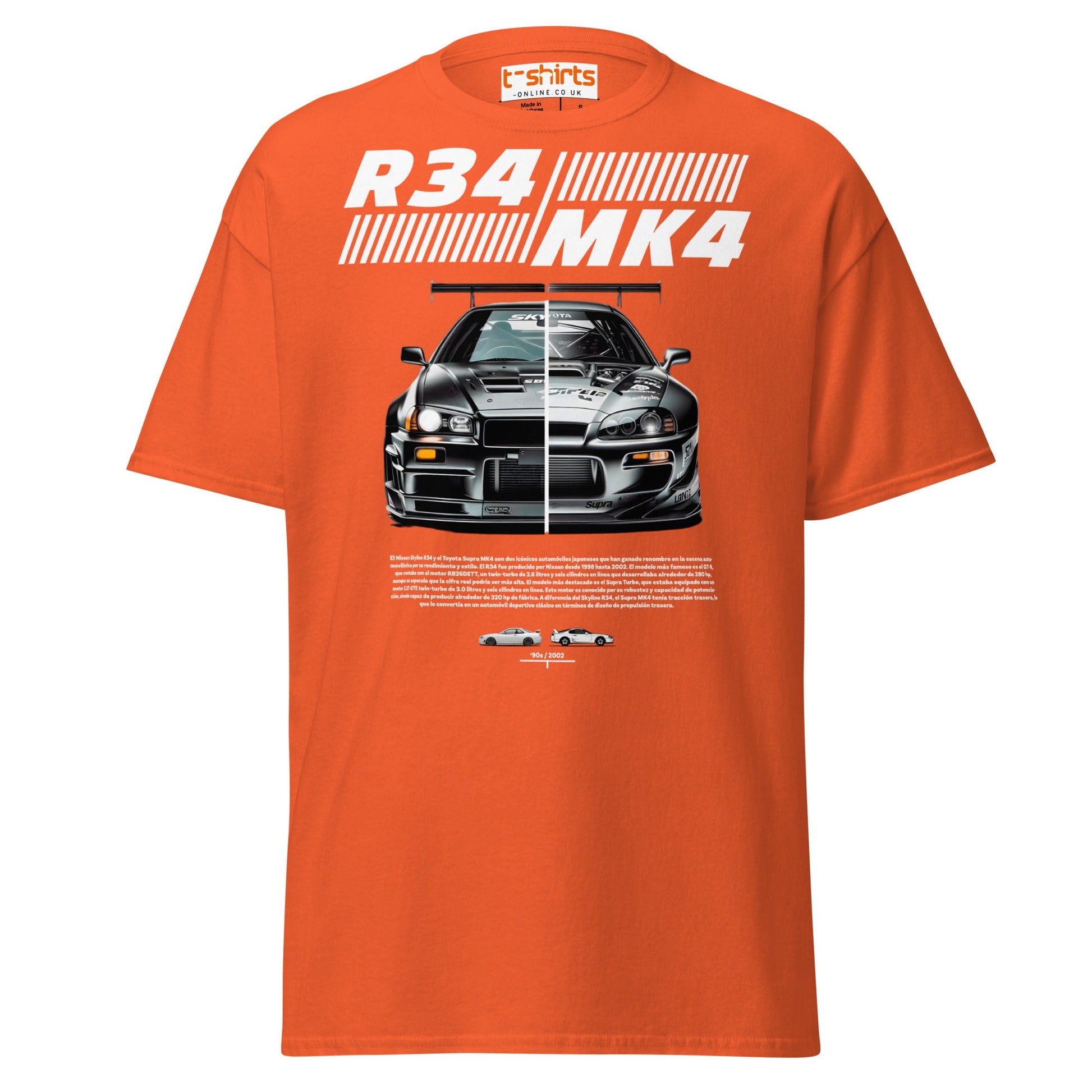 R34 vs MK4 T-Shirt | JDM Icons Side - by - Side Car Tee - Orange - T-Shirts Online