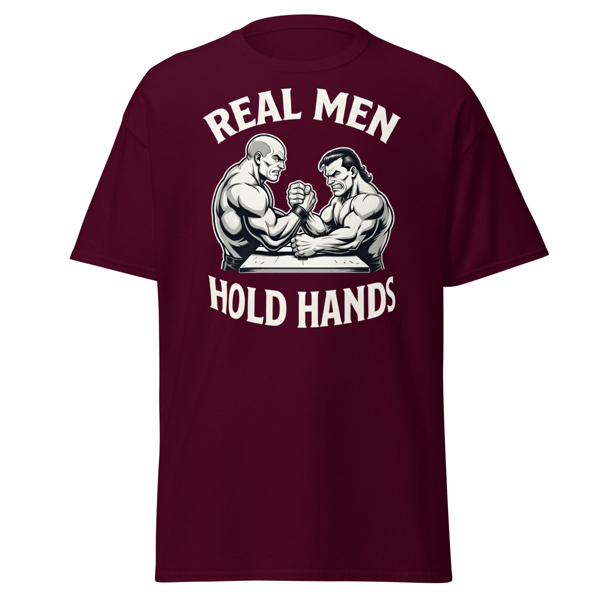 Real Men Hold Hands T-Shirt - Funny Arm Wrestling Tee - Maroon - T-Shirts Online