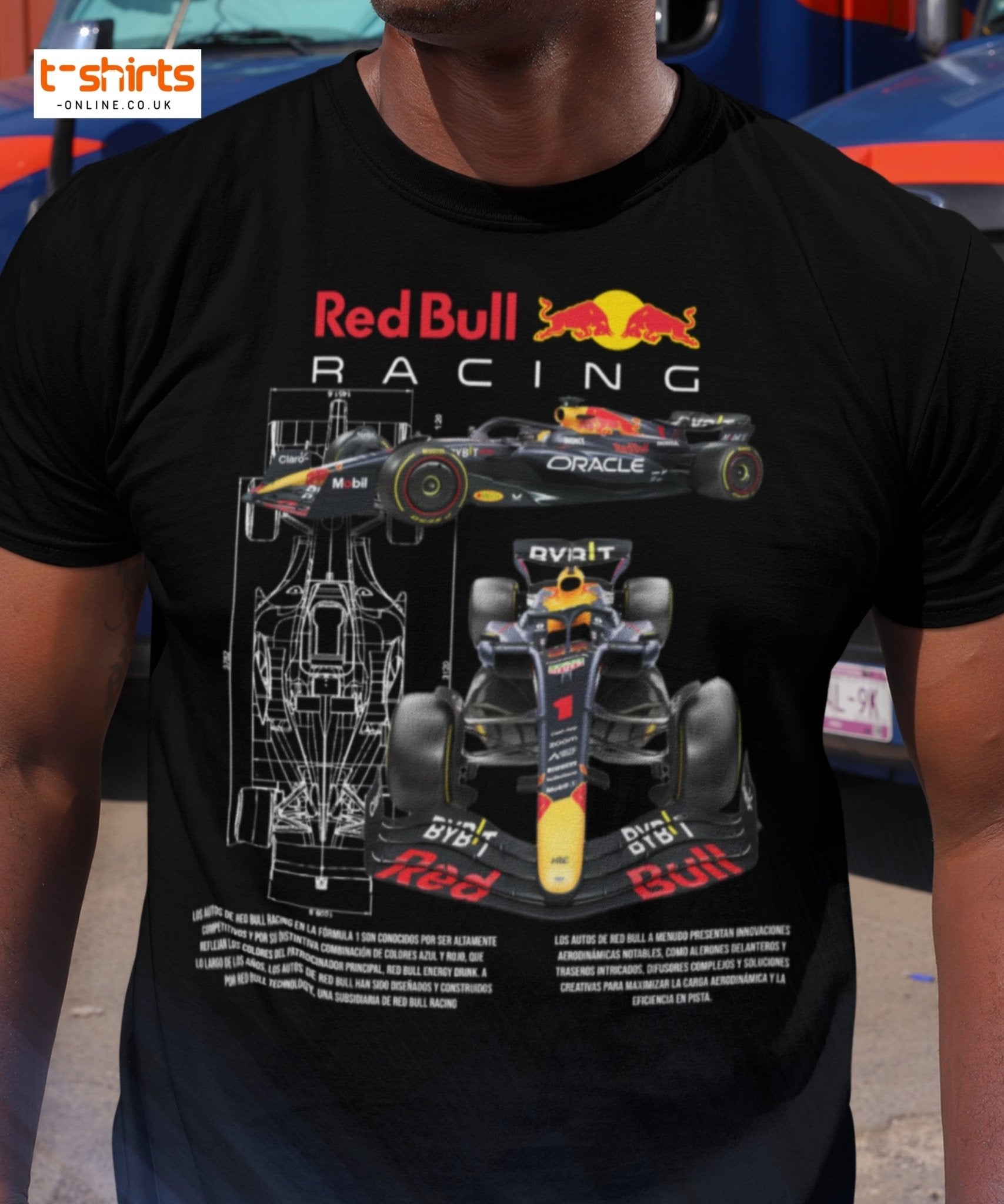 “Black t-shirt with blueprint-style technical drawing of Red Bull Racing F1 car in blue and white lines.”