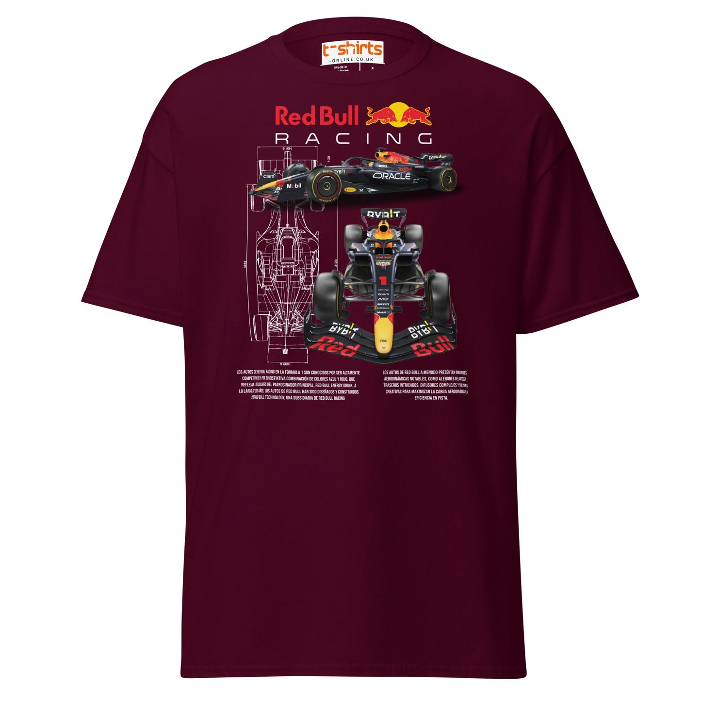 Red Bull Racing F1 Car Blueprint T-Shirt - Maroon - T-Shirts Online
