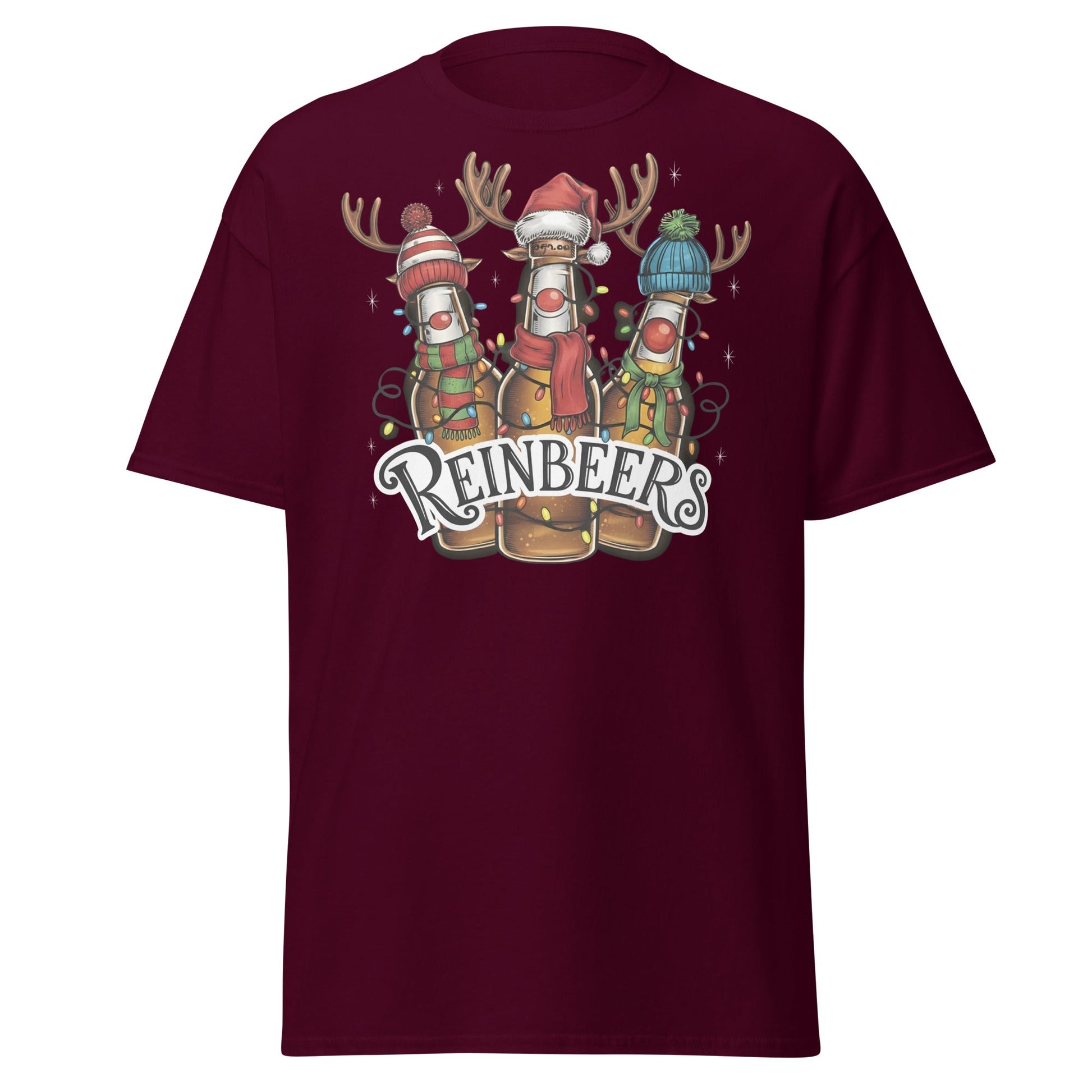 Reinbeers T-Shirt | Funny Christmas Beer Reindeer Pun Tee - Maroon - T-Shirts Online